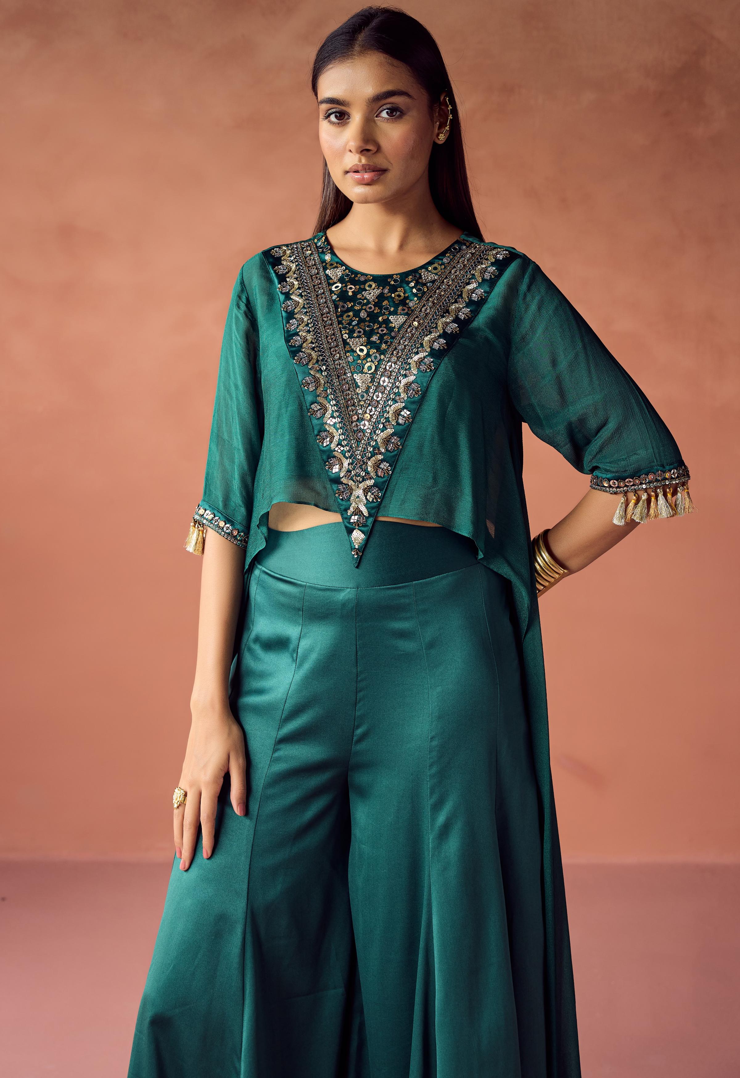 Emerald Luxe Embellished Chinon Silk Co-Ord Set - Image 3