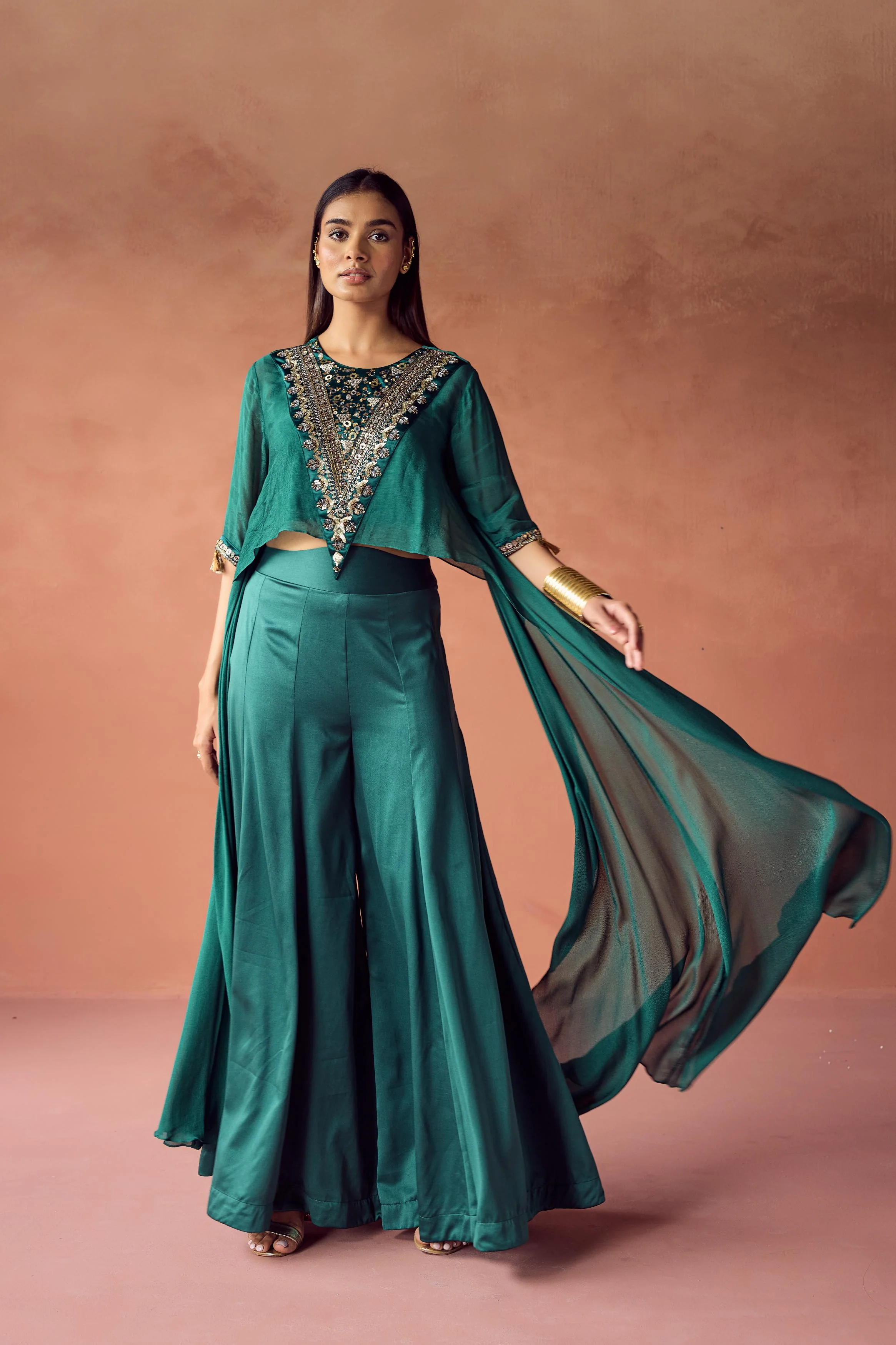 Emerald Luxe Embellished Chinon Silk Co-Ord Set - Image 5