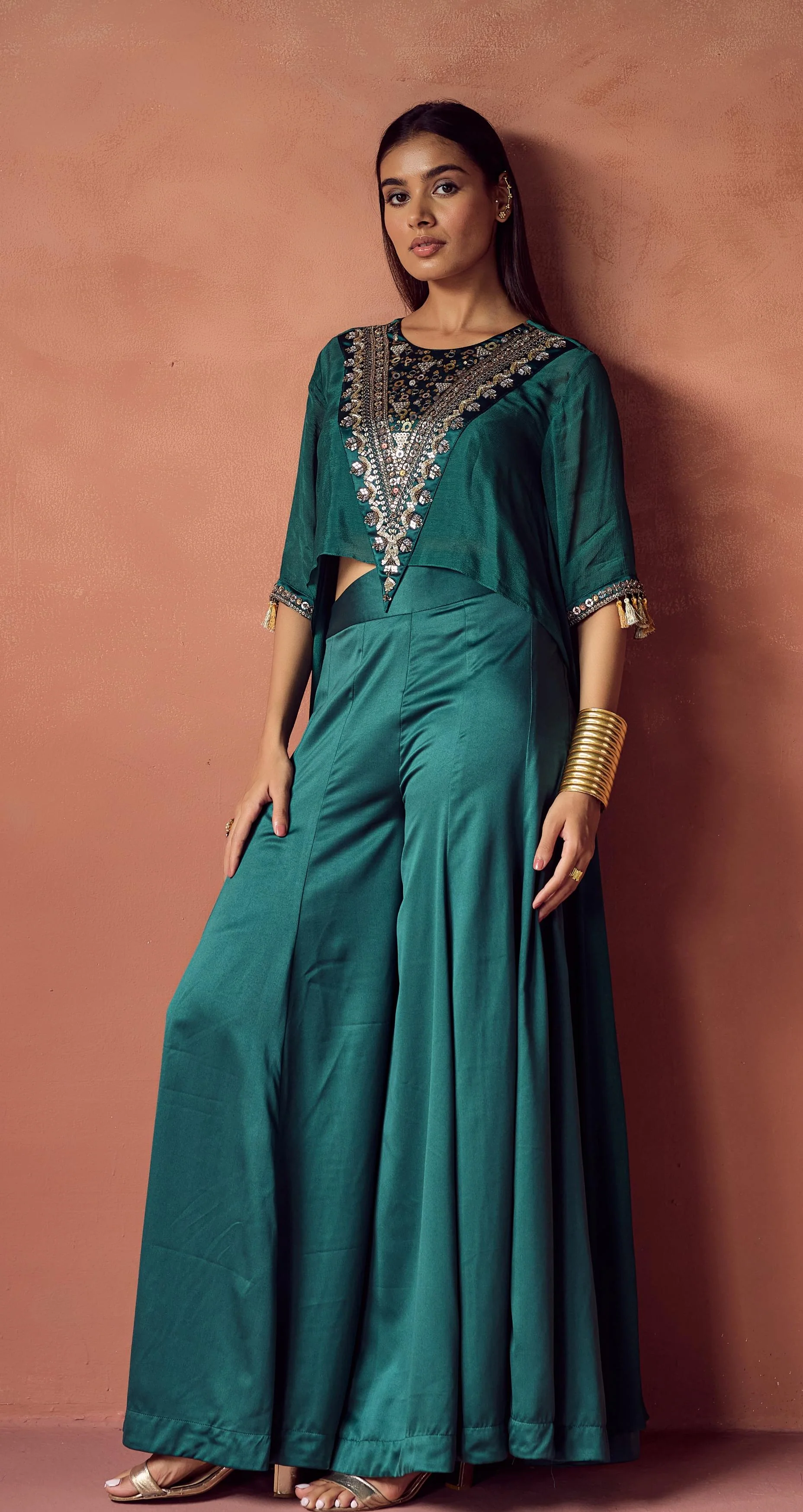 Emerald Luxe Embellished Chinon Silk Co-Ord Set - Image 6