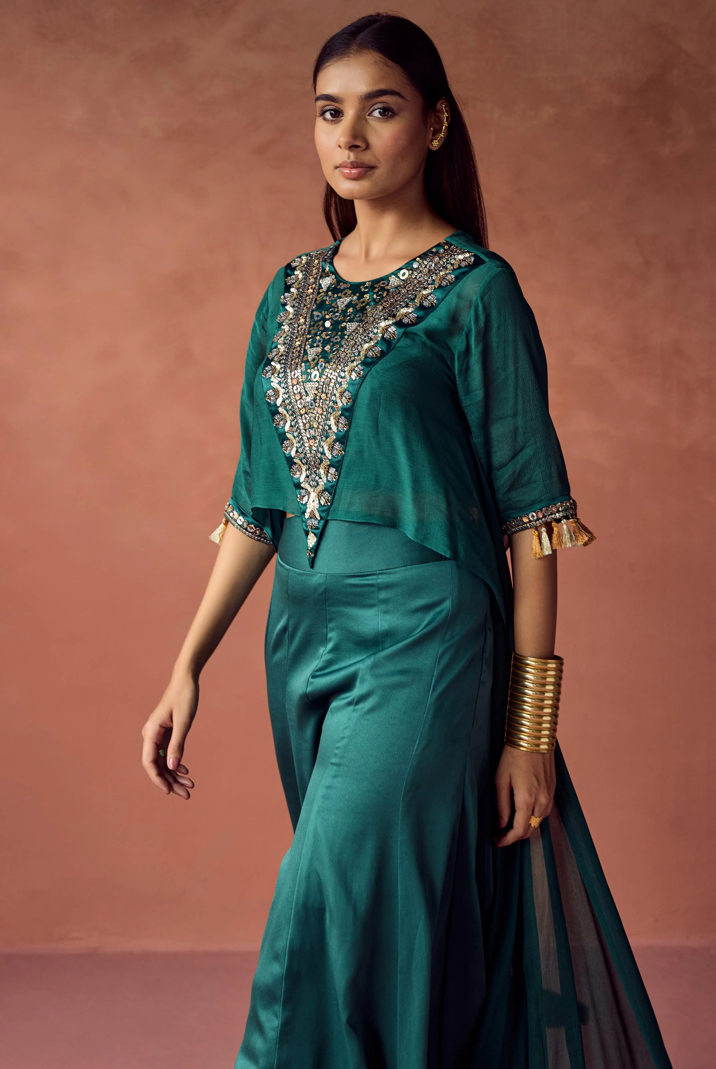 Emerald Luxe Embellished Chinon Silk Co-Ord Set - Image 7