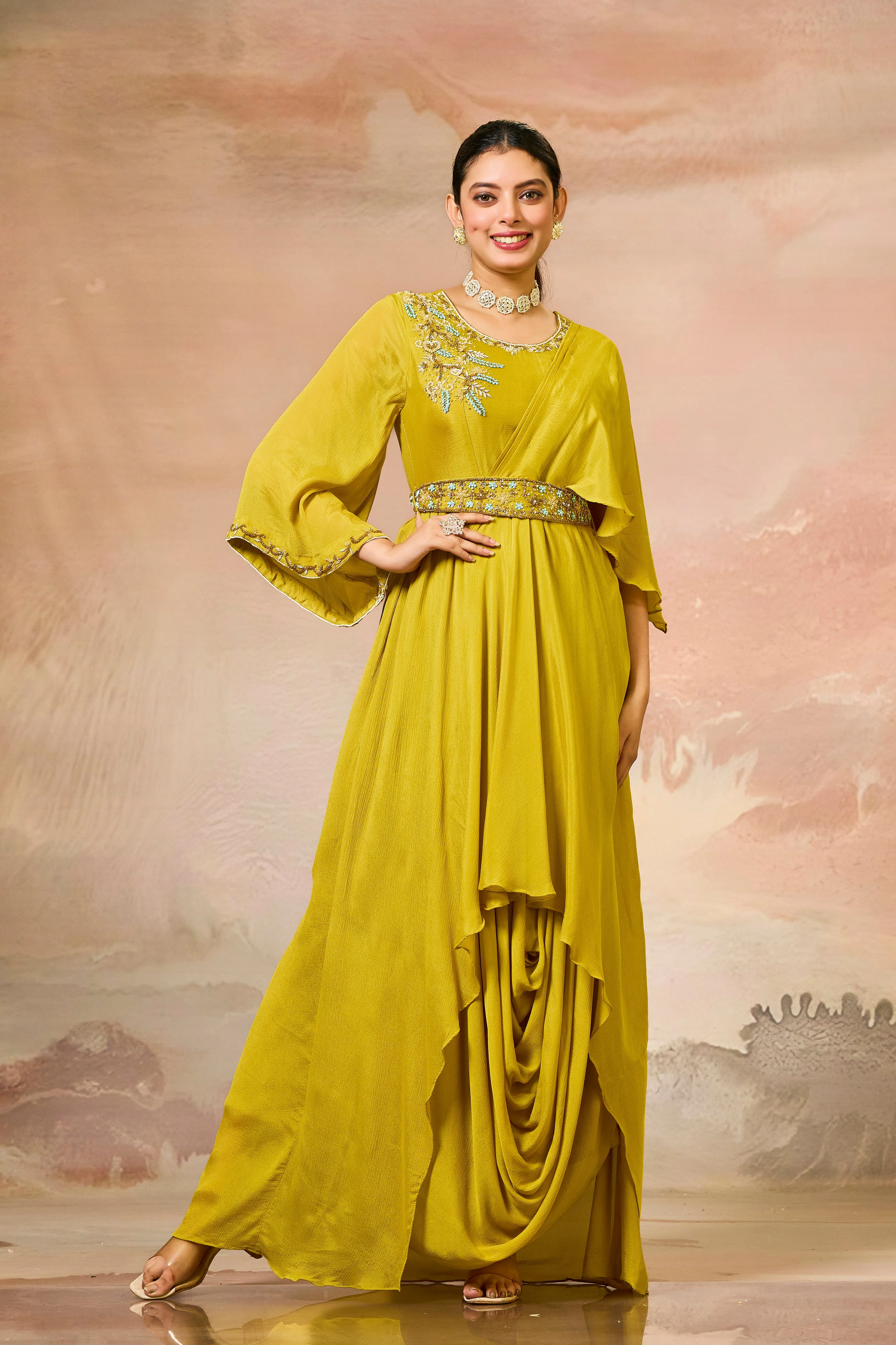 Mustard Embellished Chinon Silk Cowl Gown - Image 3