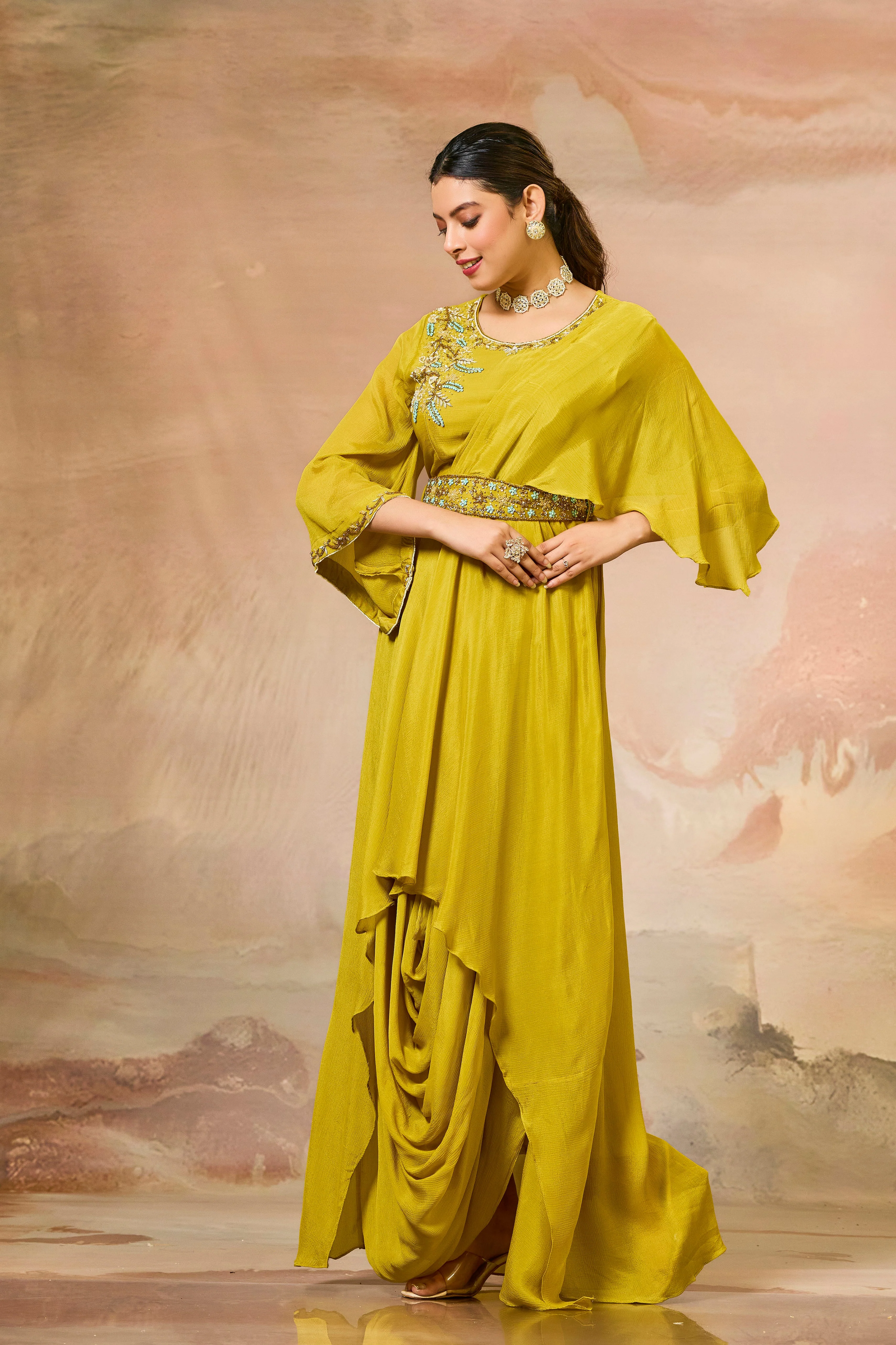 Mustard Embellished Chinon Silk Cowl Gown - Image 4