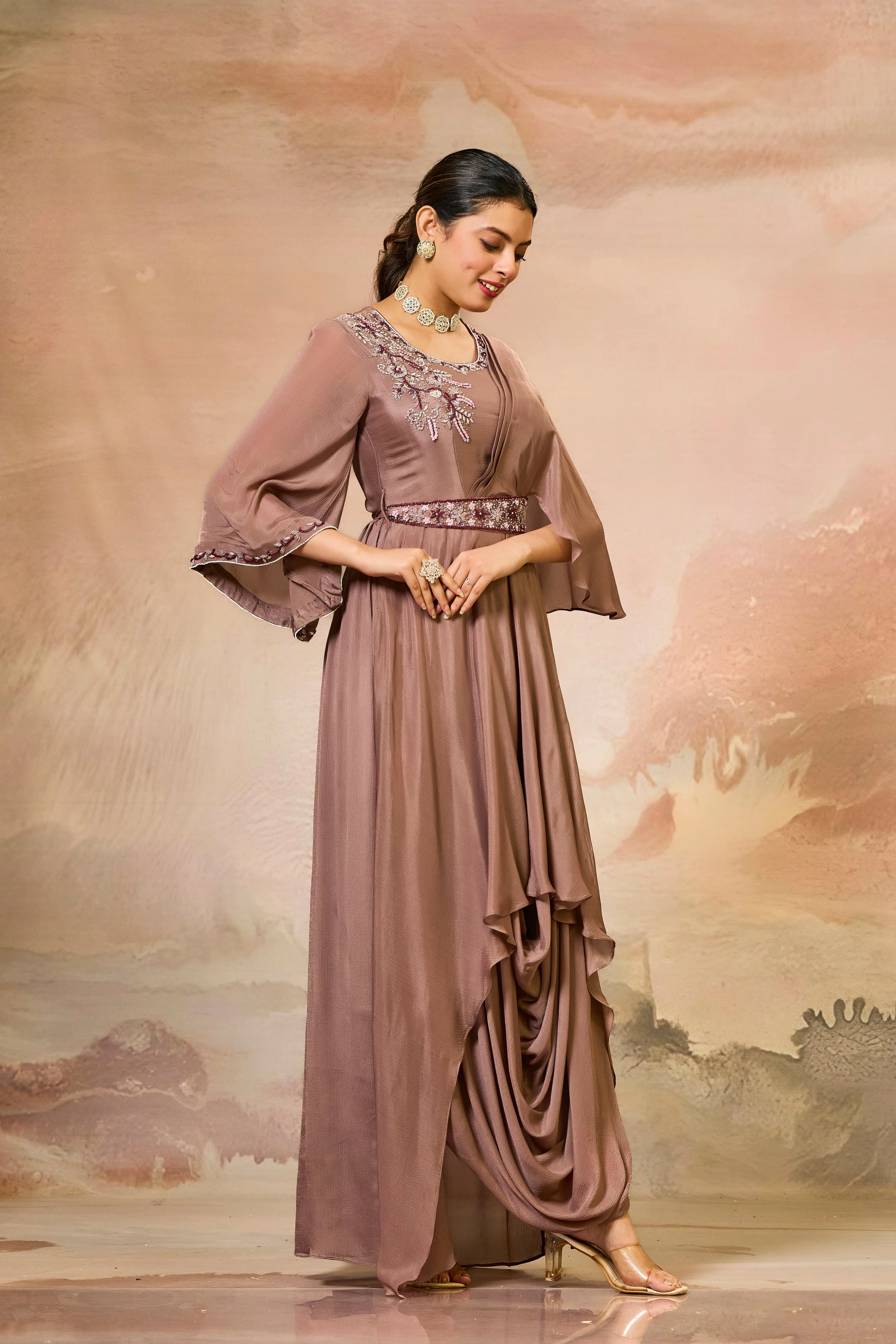 Brown Embellished Chinon Silk Cowl Gown - Image 3