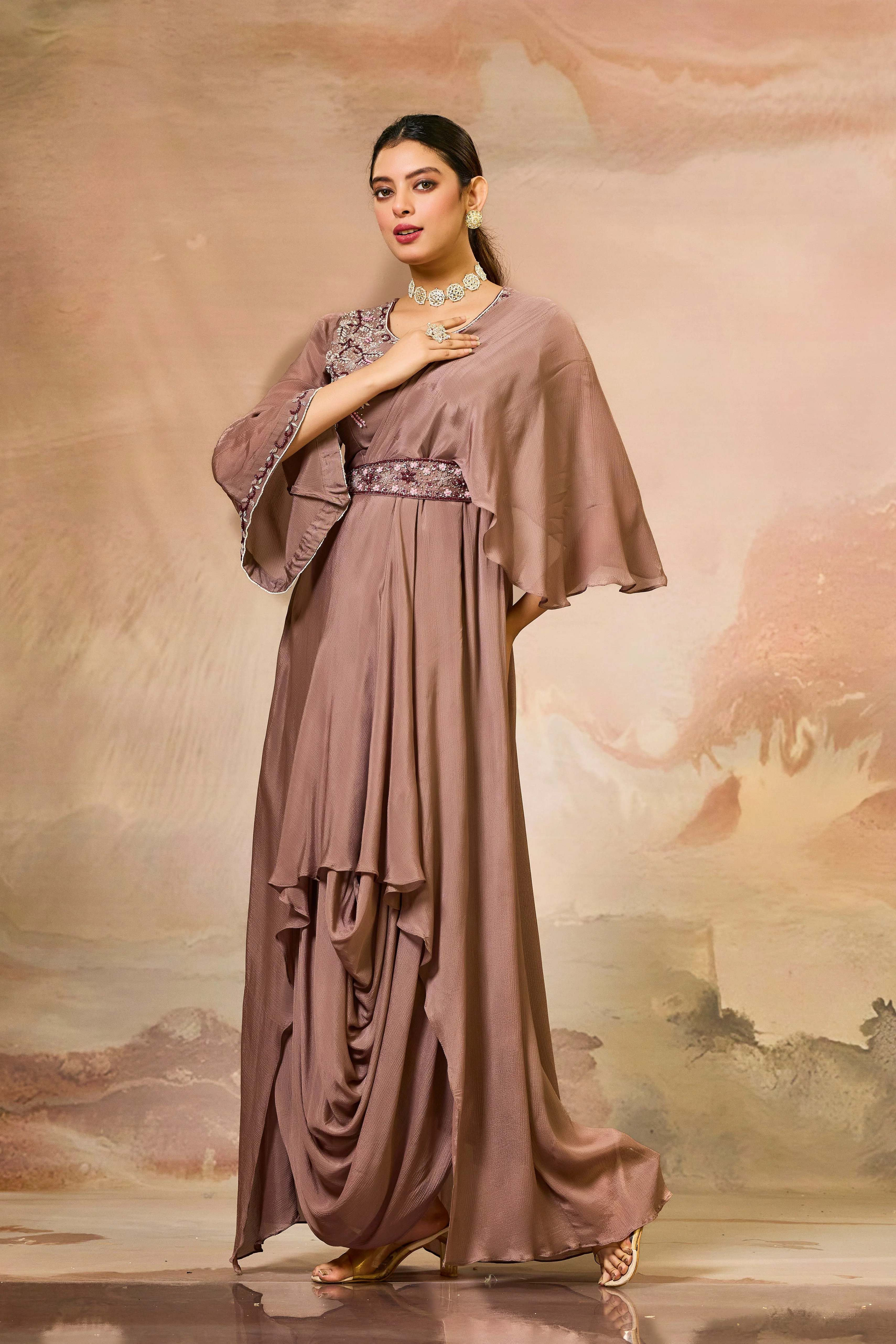 Brown Embellished Chinon Silk Cowl Gown - Image 4
