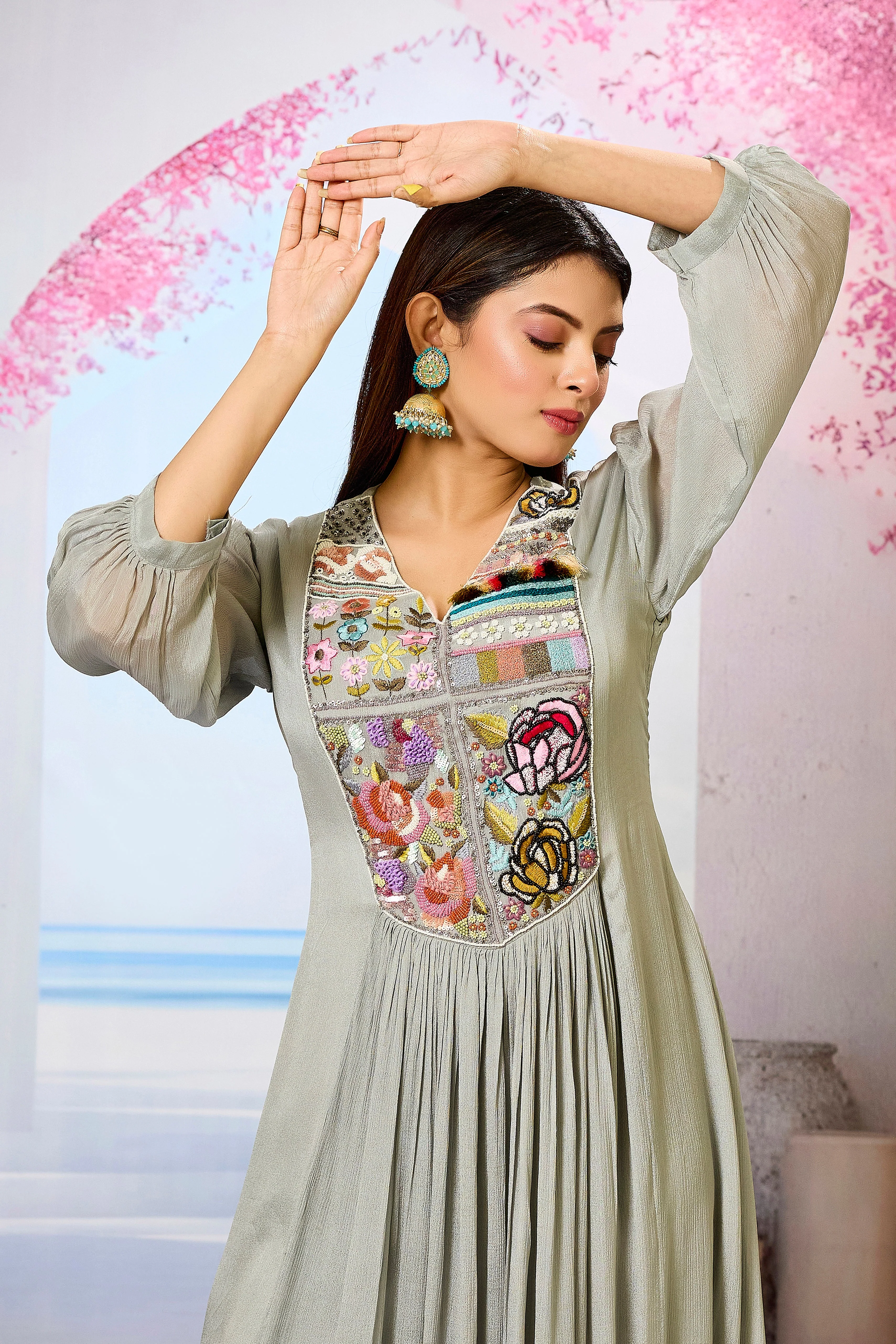 Grey Embellished Chinon Silk Dress - Image 2