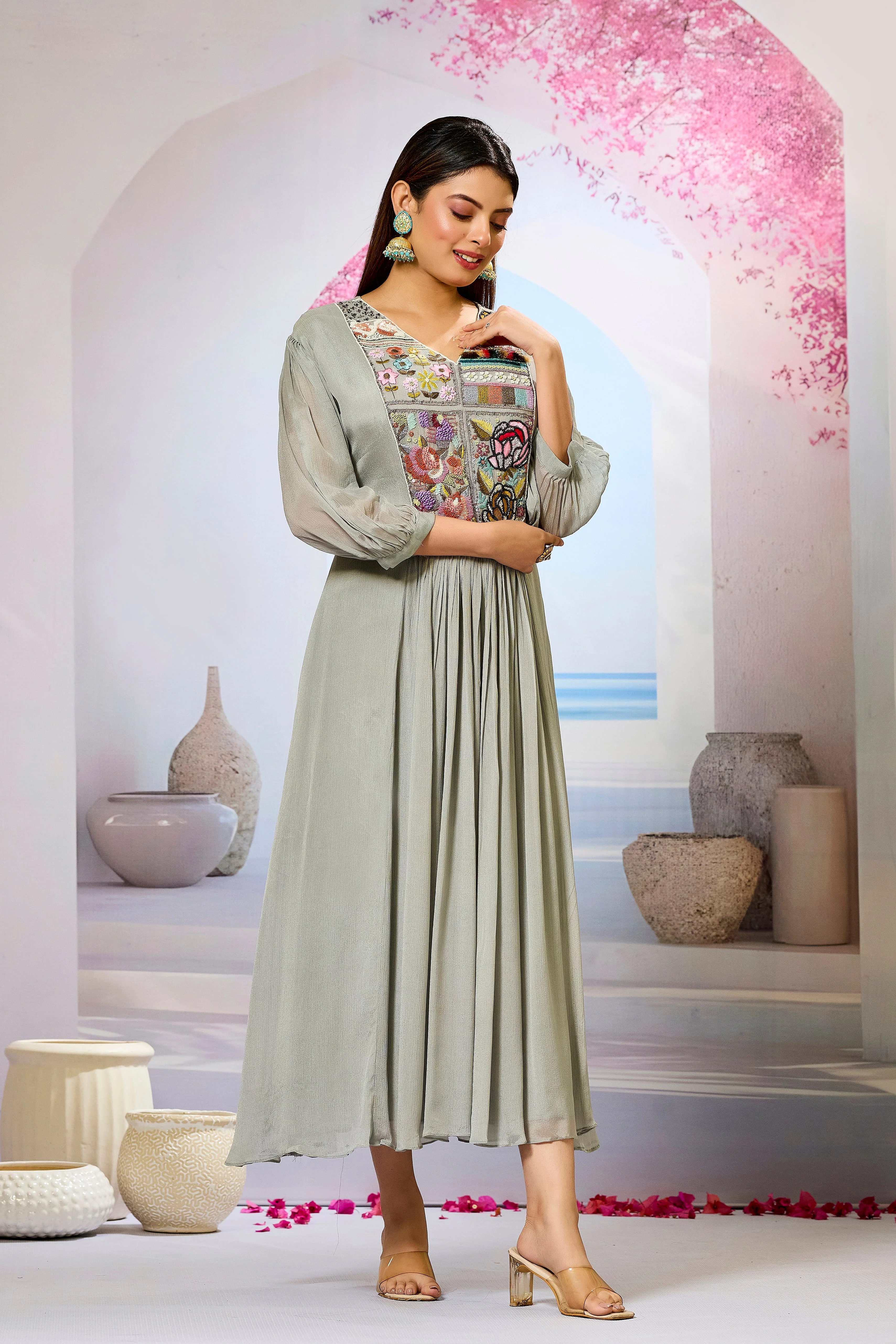 Grey Embellished Chinon Silk Dress - Image 3