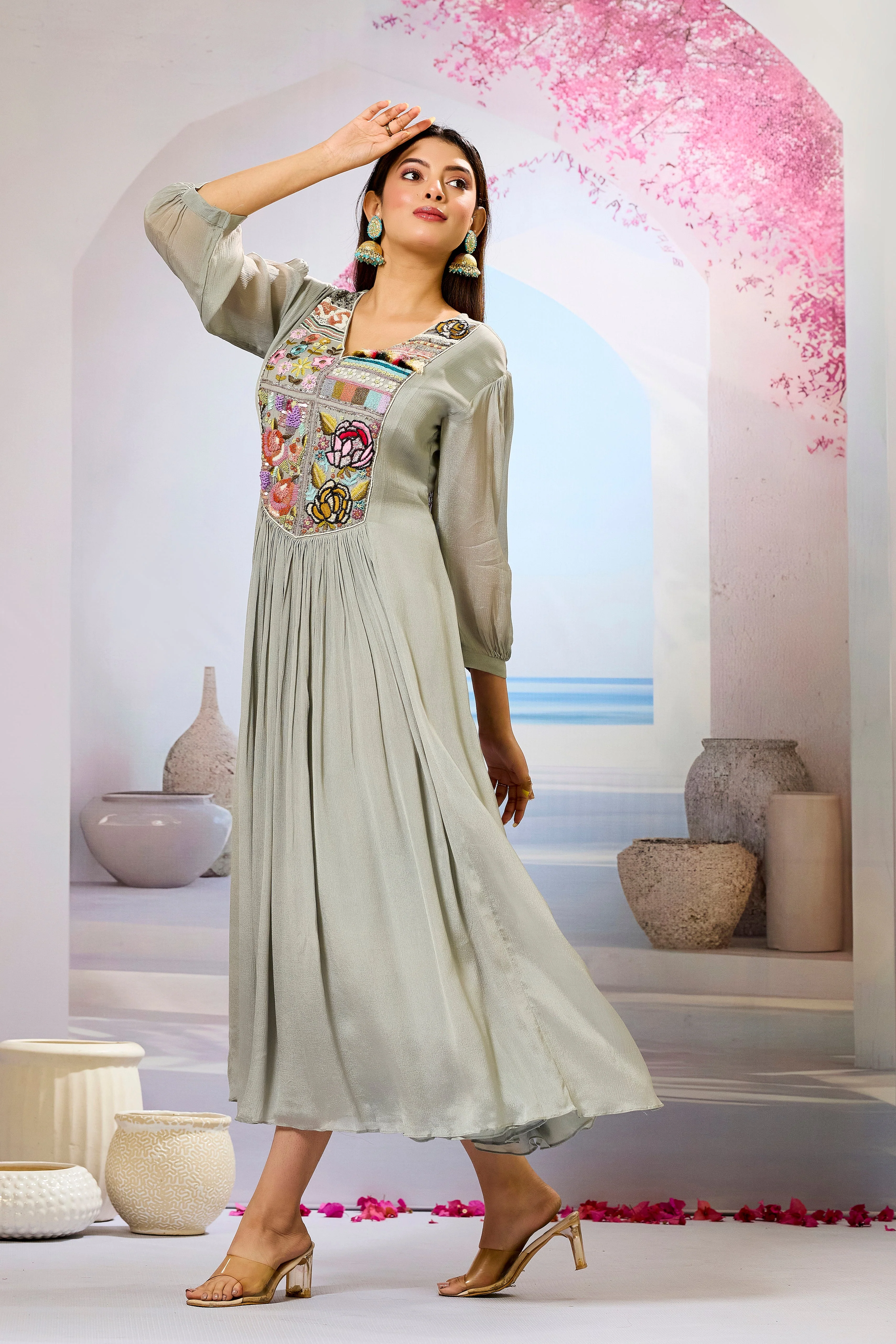 Grey Embellished Chinon Silk Dress - Image 4
