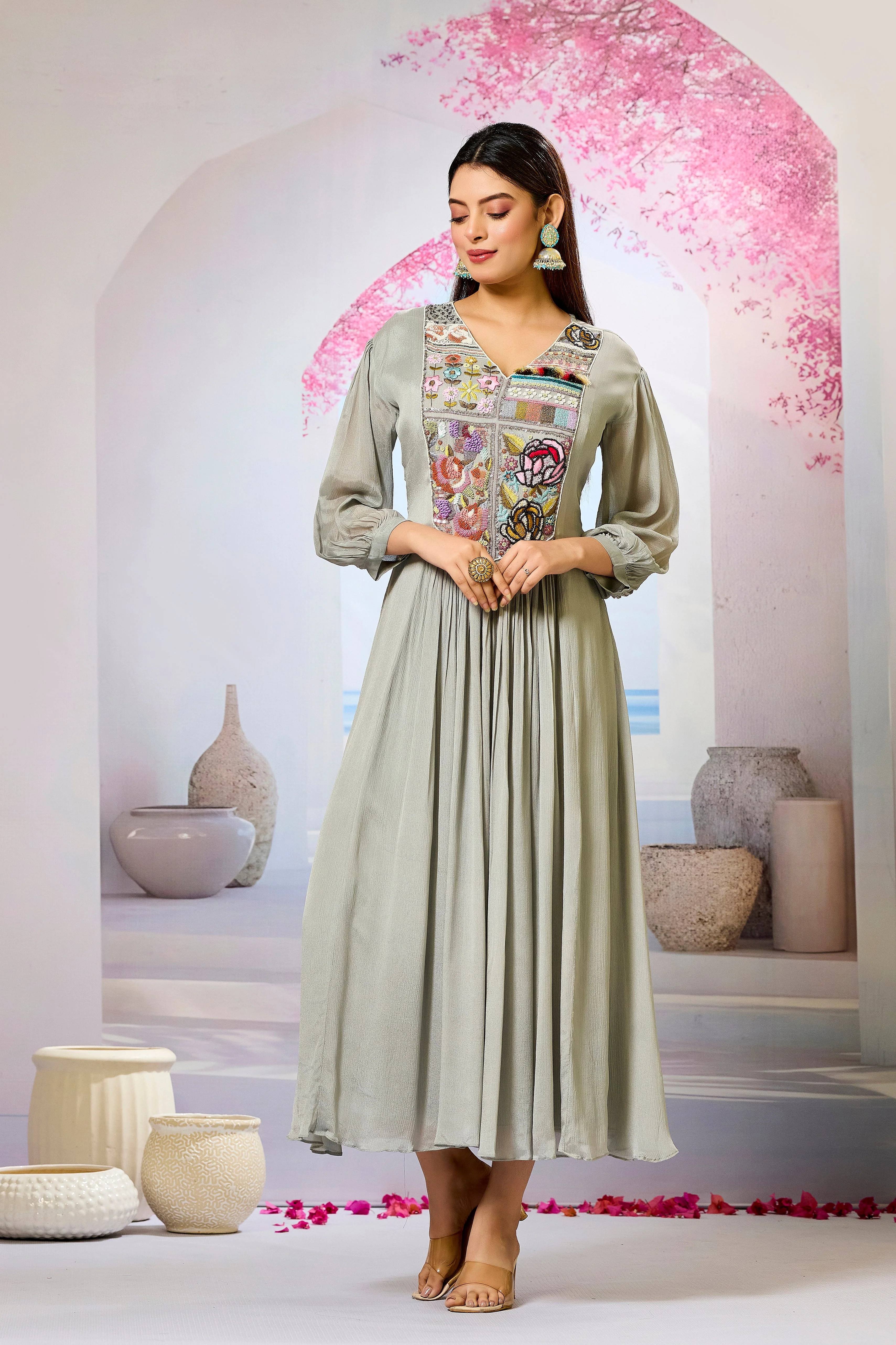Grey Embellished Chinon Silk Dress - Image 5