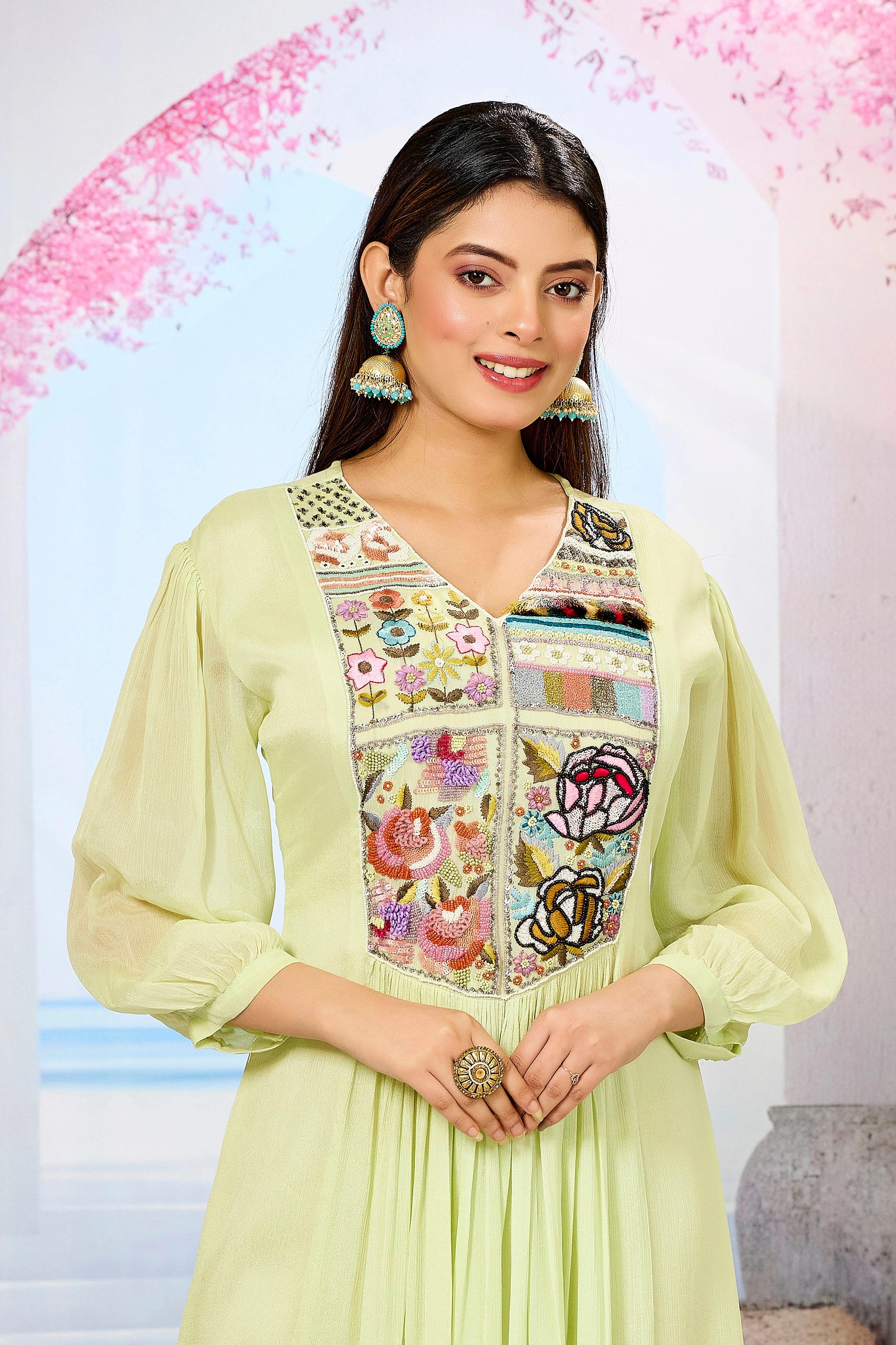 Green Embellished Chinon Silk Dress - Image 2
