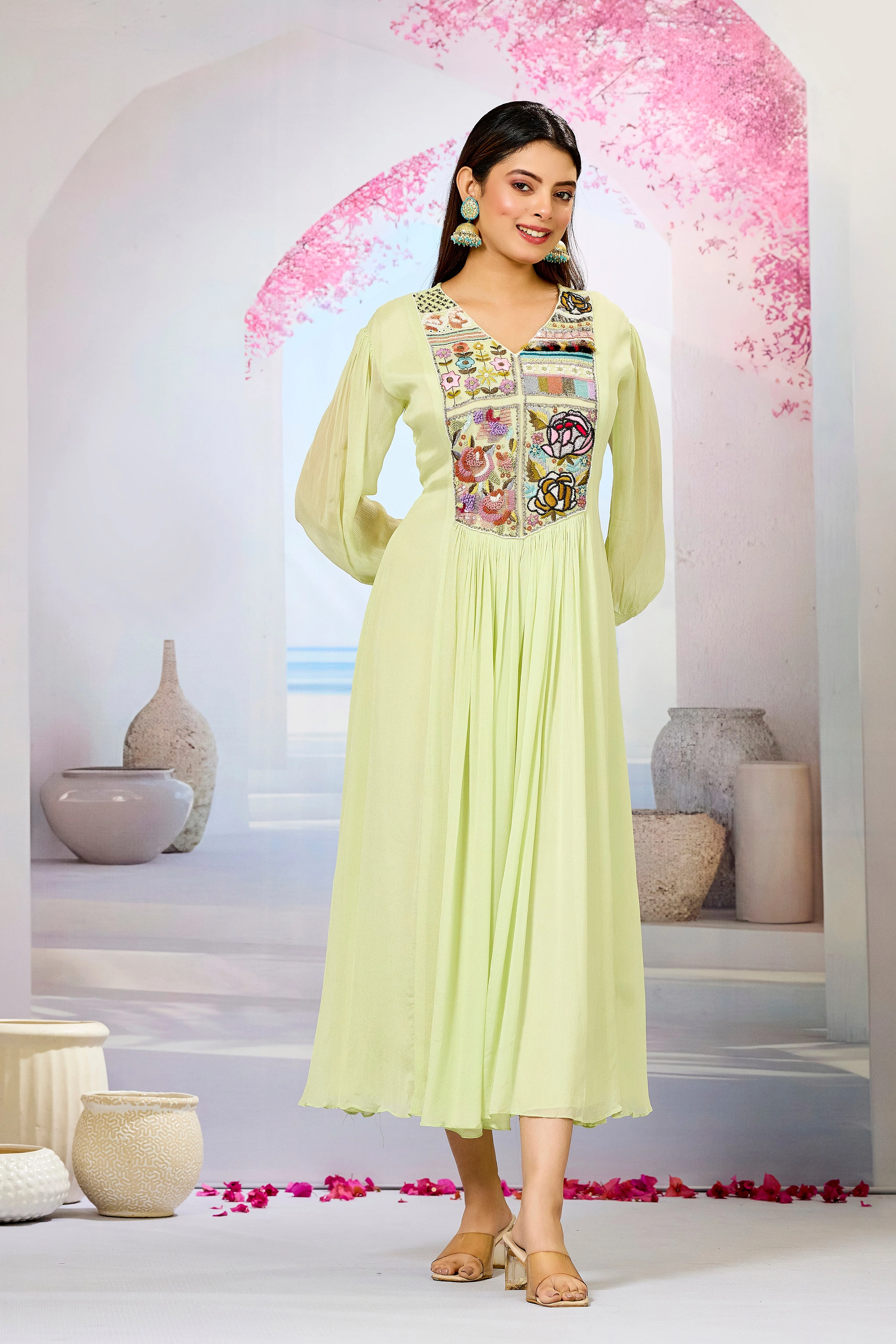 Green Embellished Chinon Silk Dress - Image 3