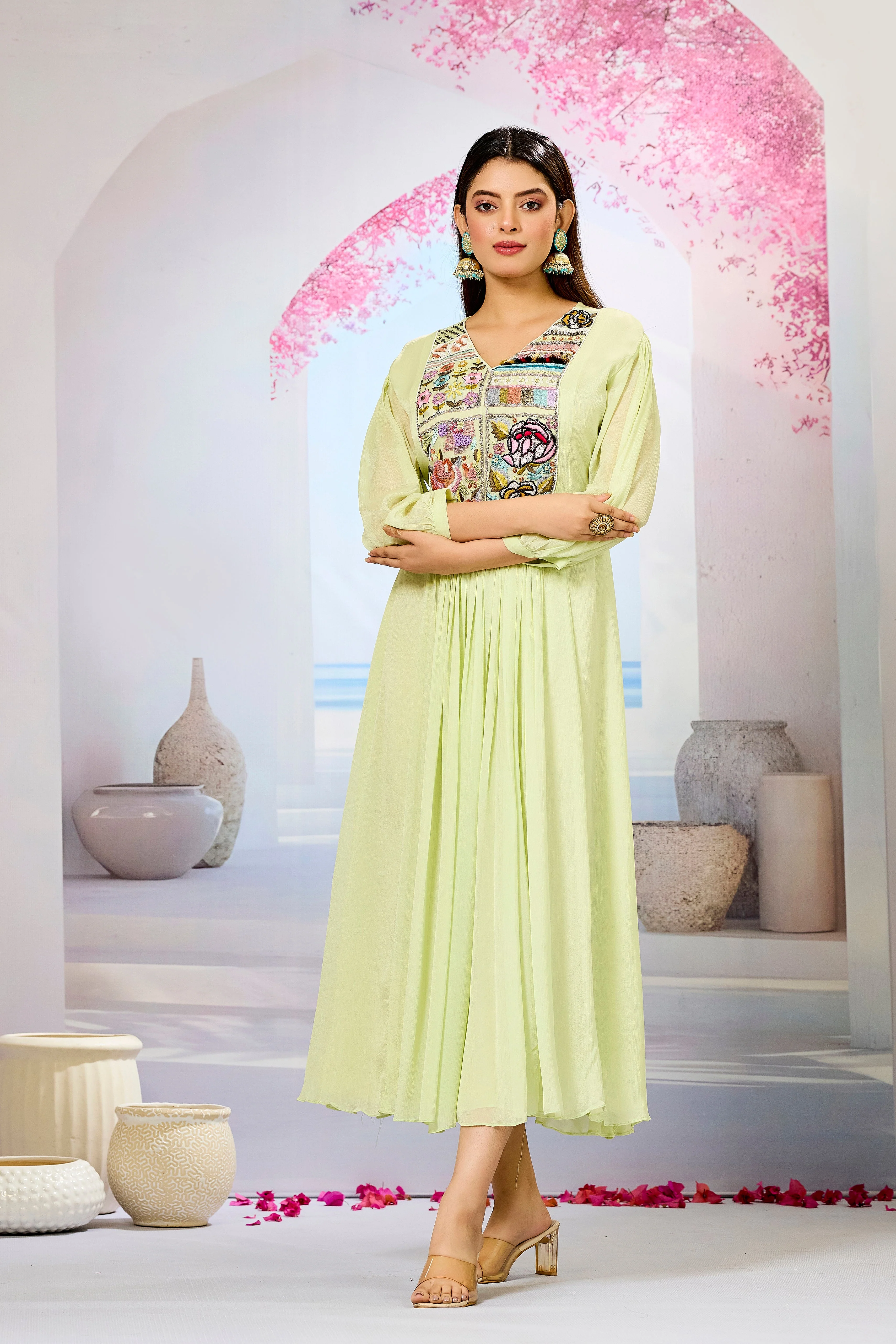 Green Embellished Chinon Silk Dress - Image 5