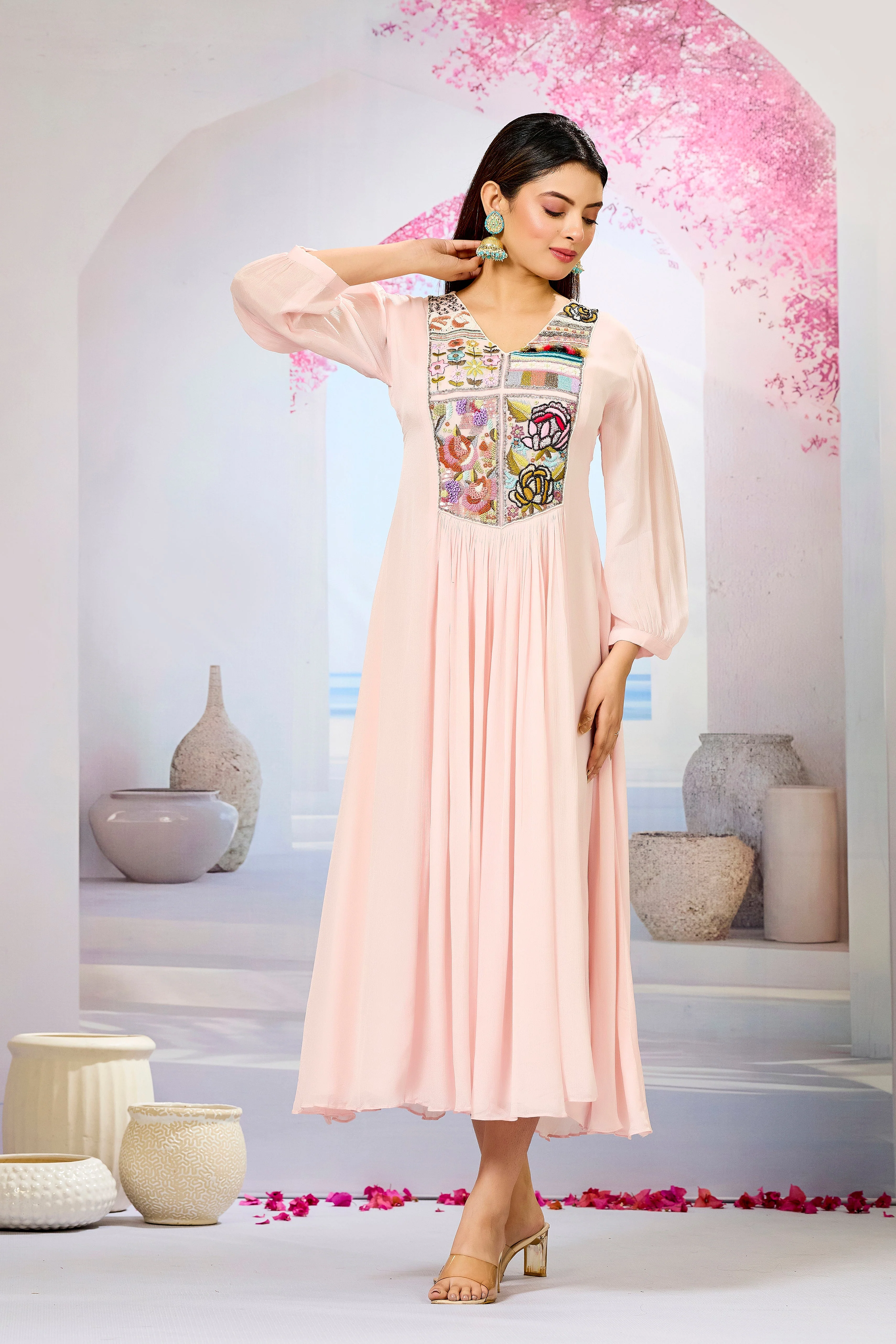 Pink Embellished Chinon Silk Dress - Image 3