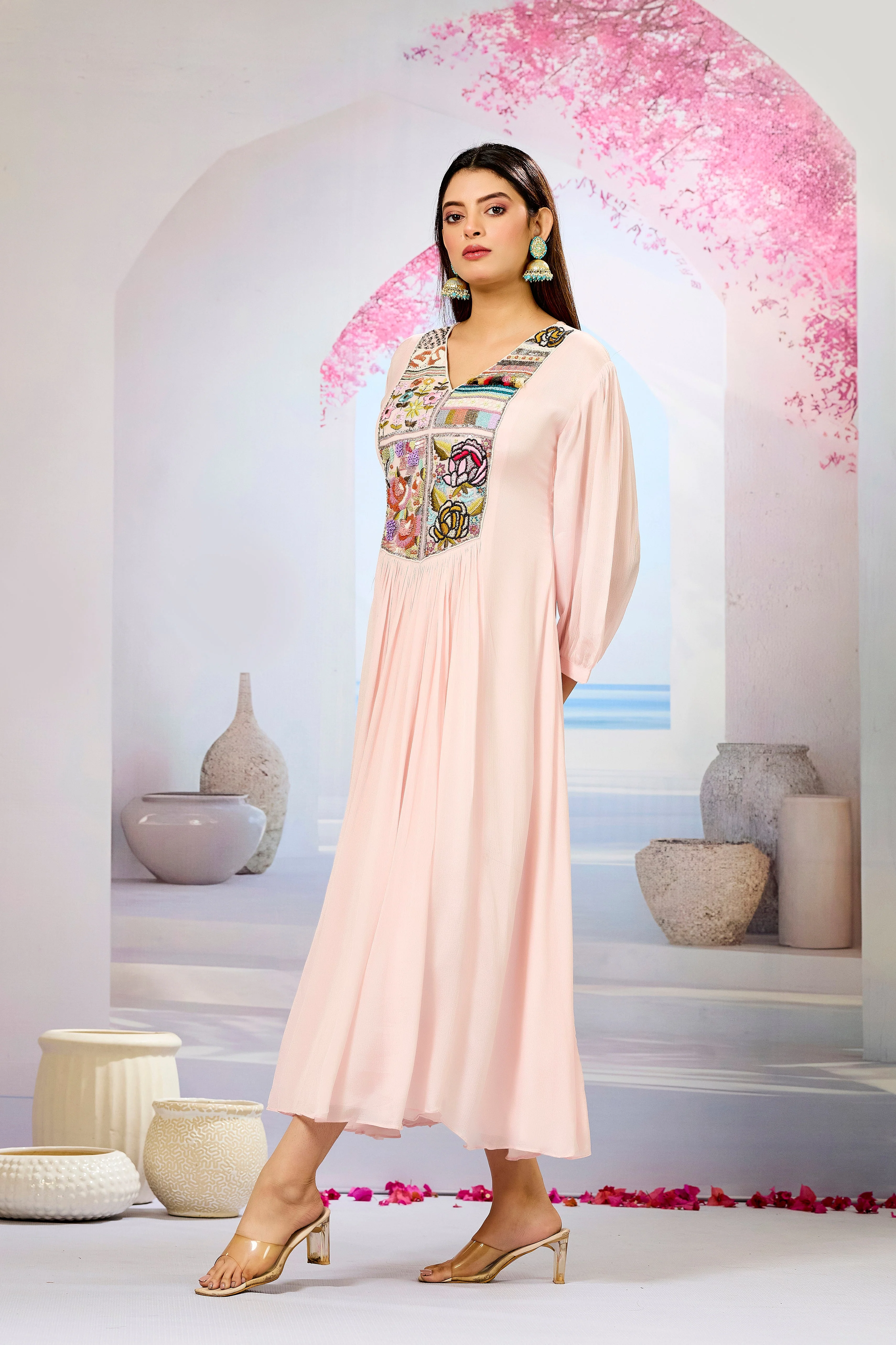Pink Embellished Chinon Silk Dress - Image 4