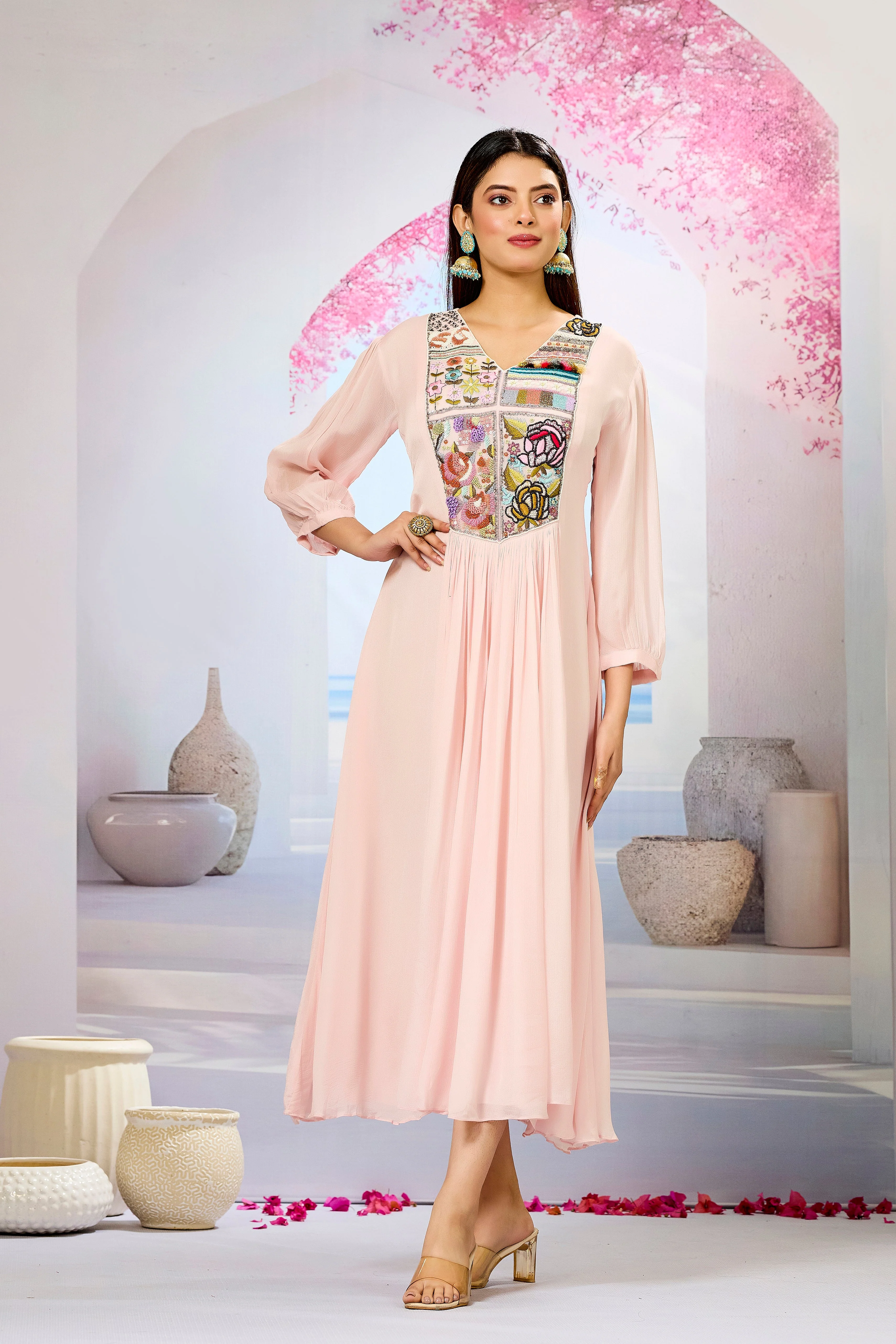 Pink Embellished Chinon Silk Dress - Image 5