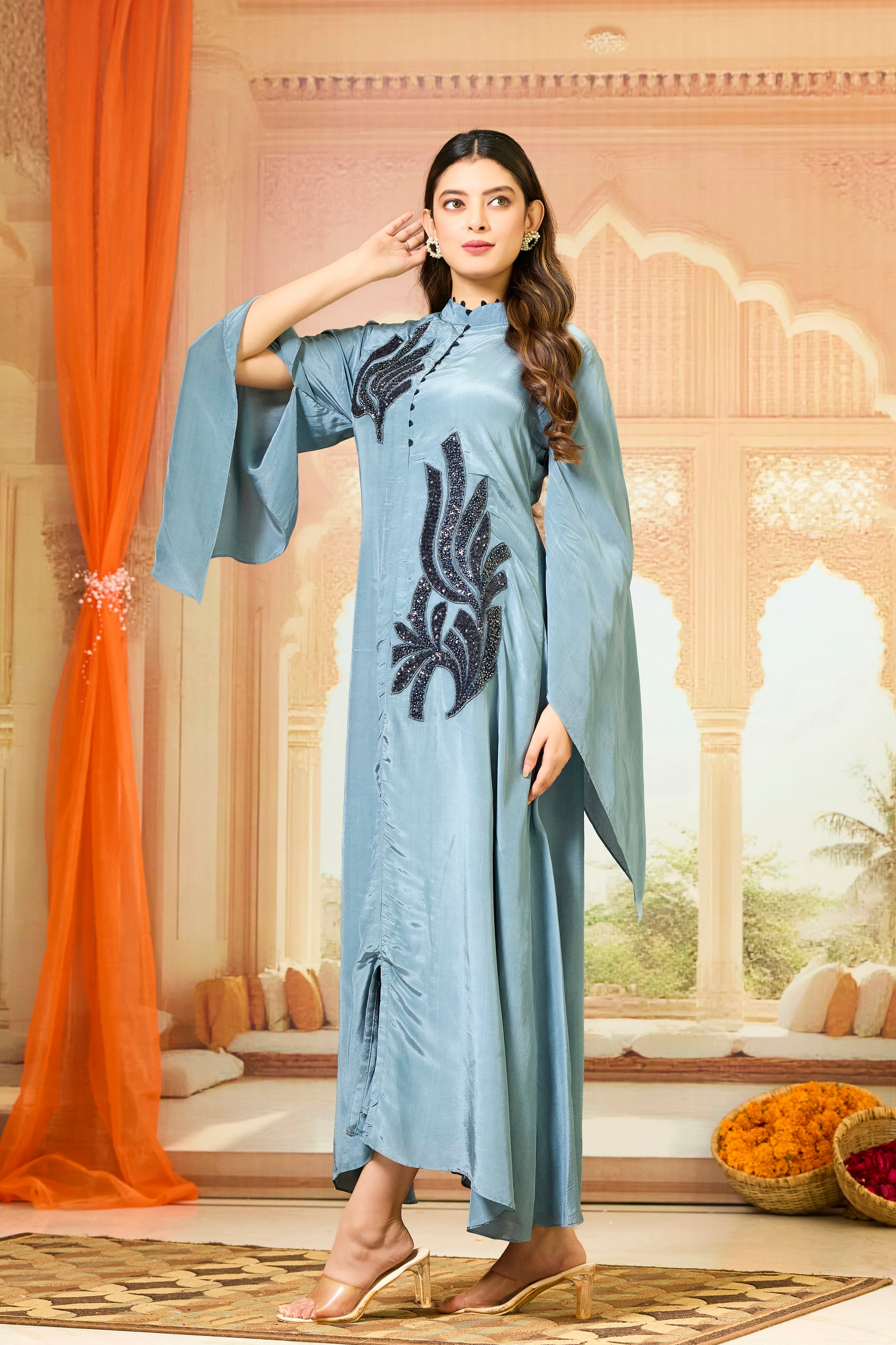 Teal Embellished Crepe Silk Dress - Image 4