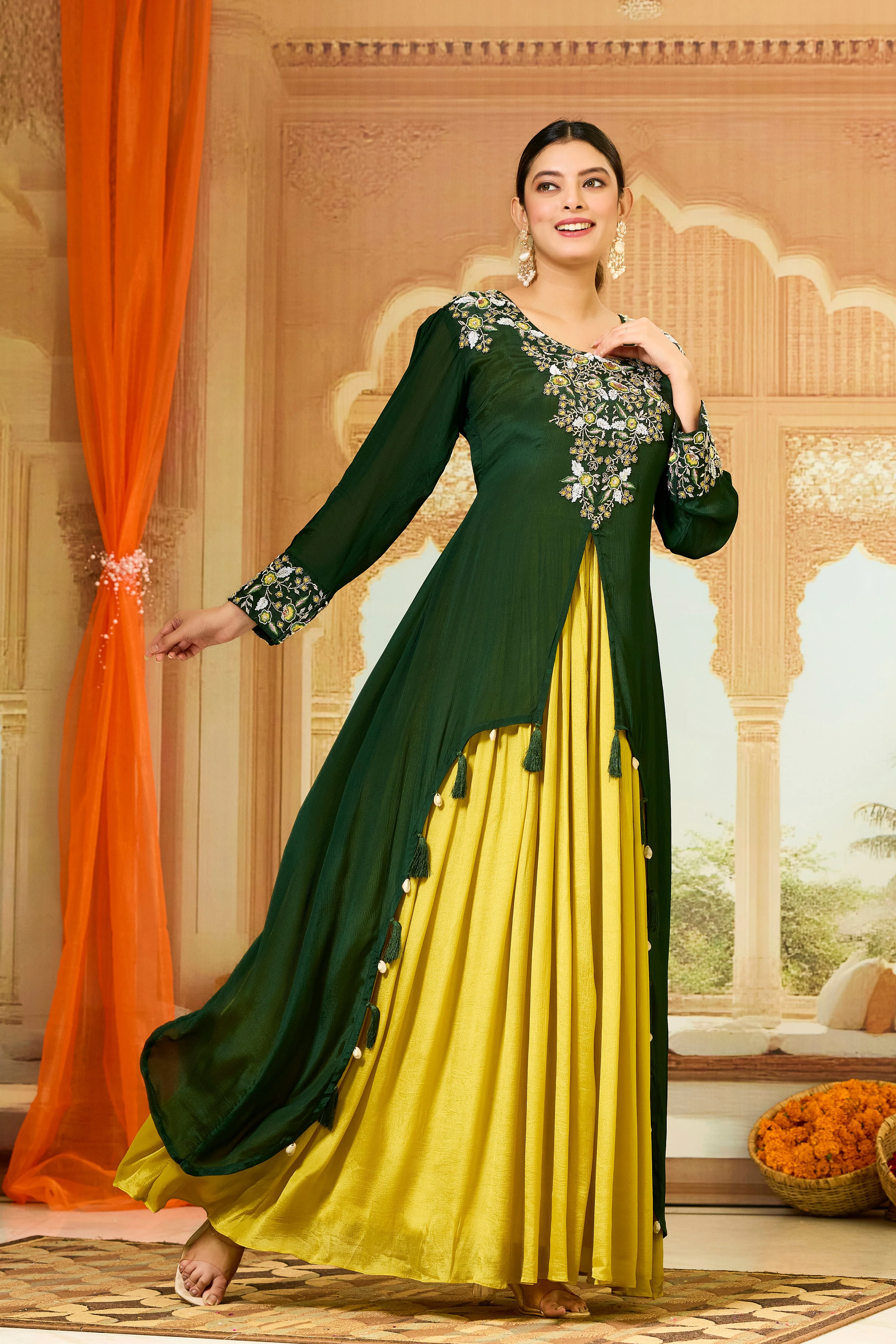 Green Embellished Chinon Silk Gown - Image 3