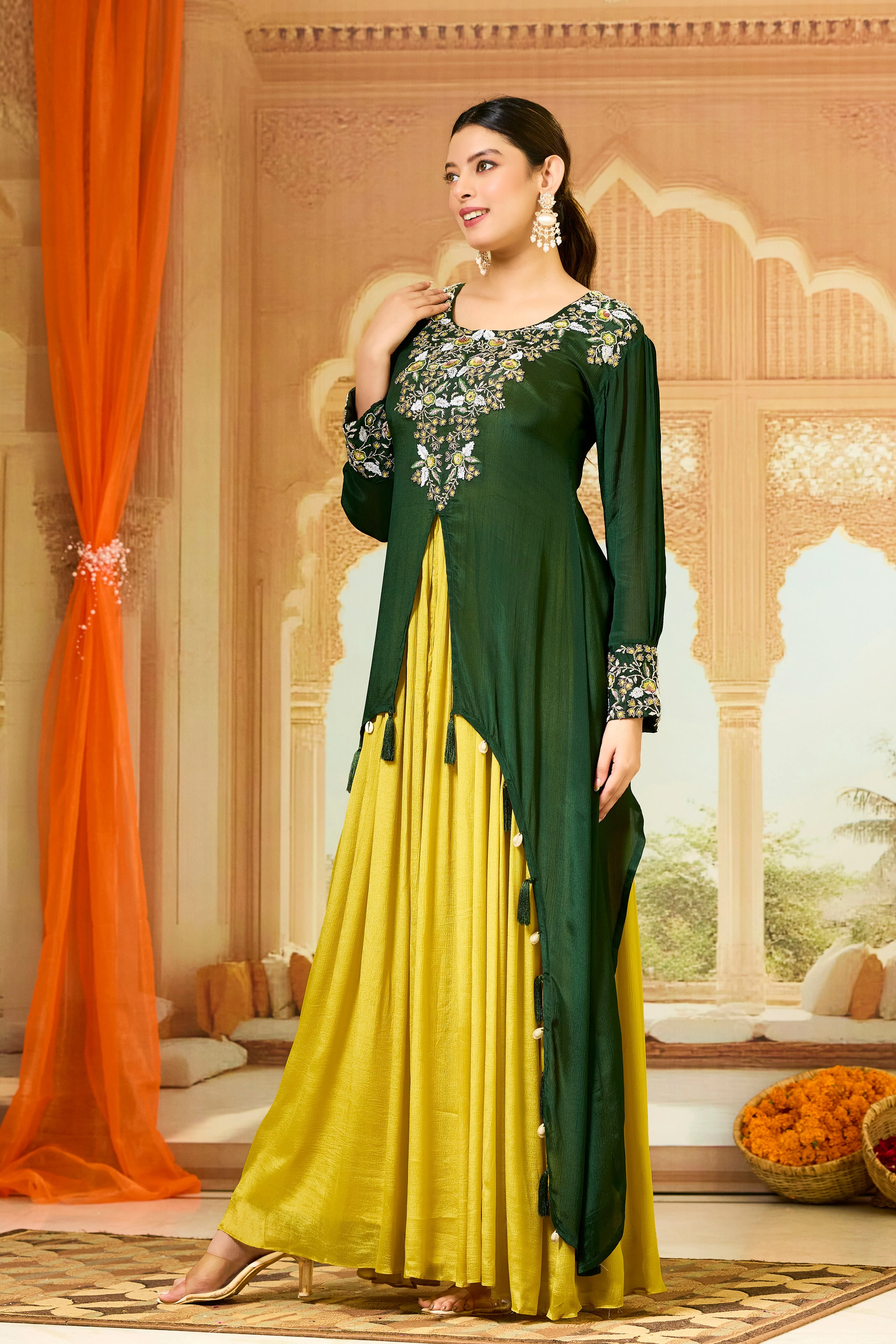 Green Embellished Chinon Silk Gown - Image 4