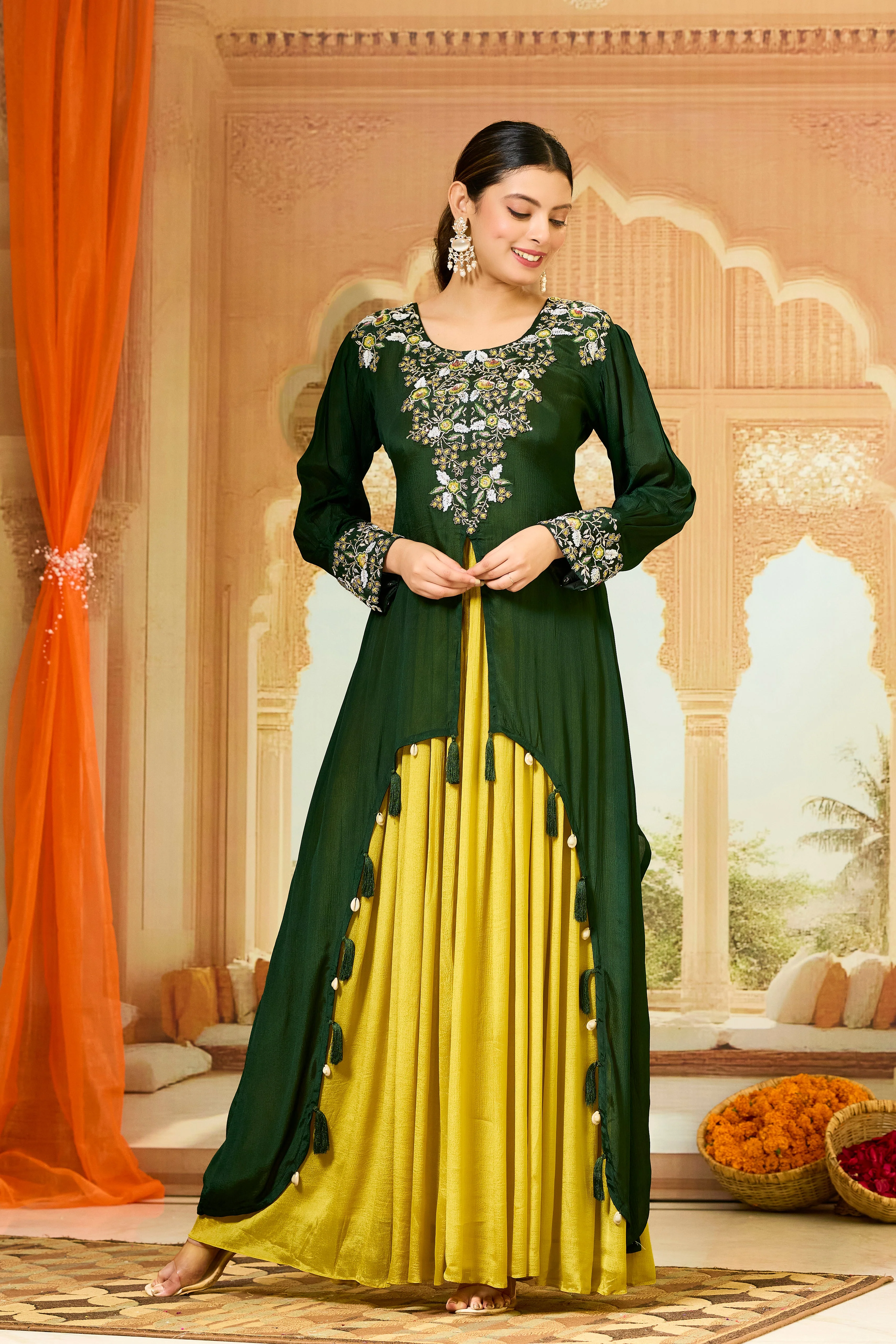Green Embellished Chinon Silk Gown - Image 5