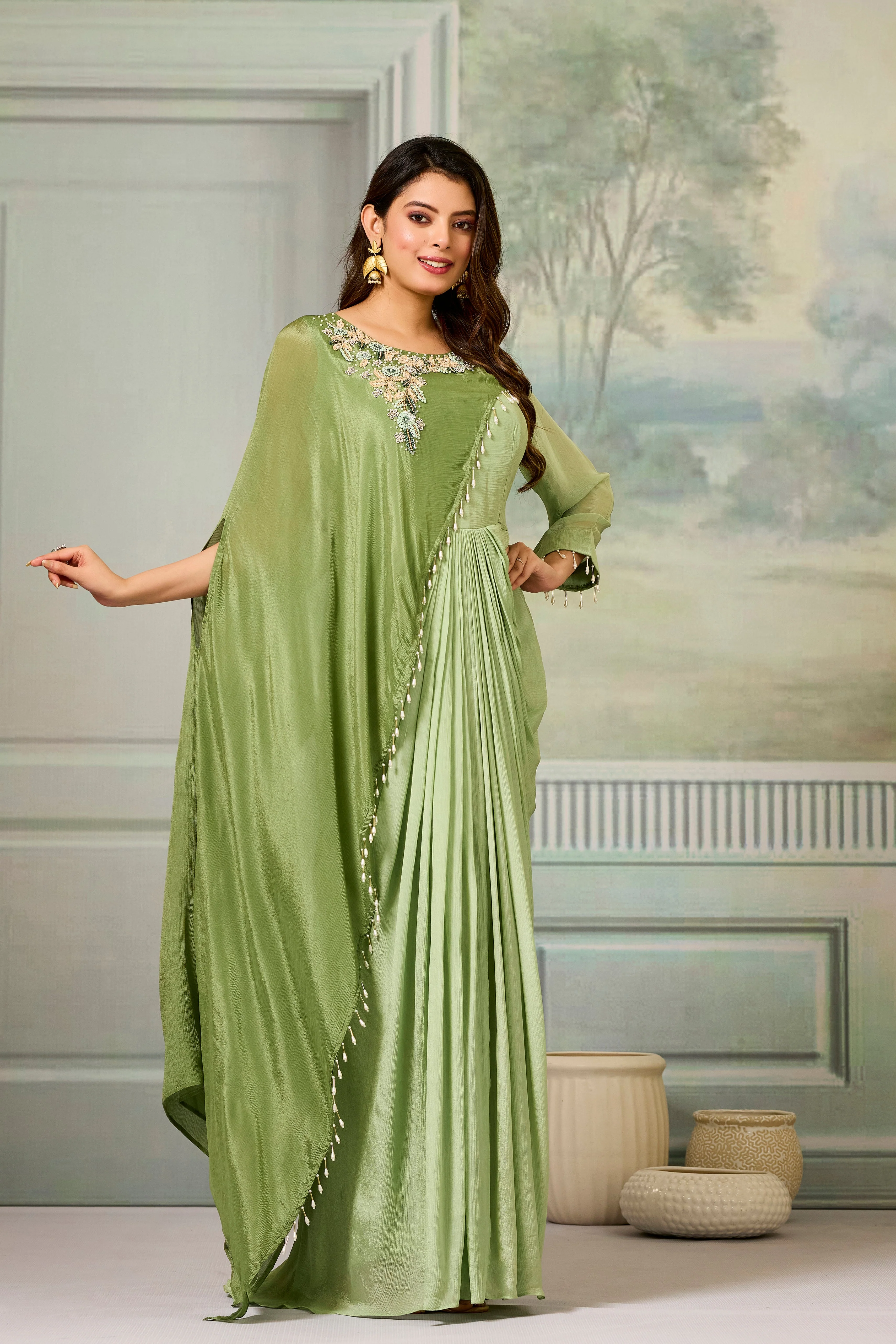 Dark-Light Green Embellished Chinon Silk Gown - Image 3