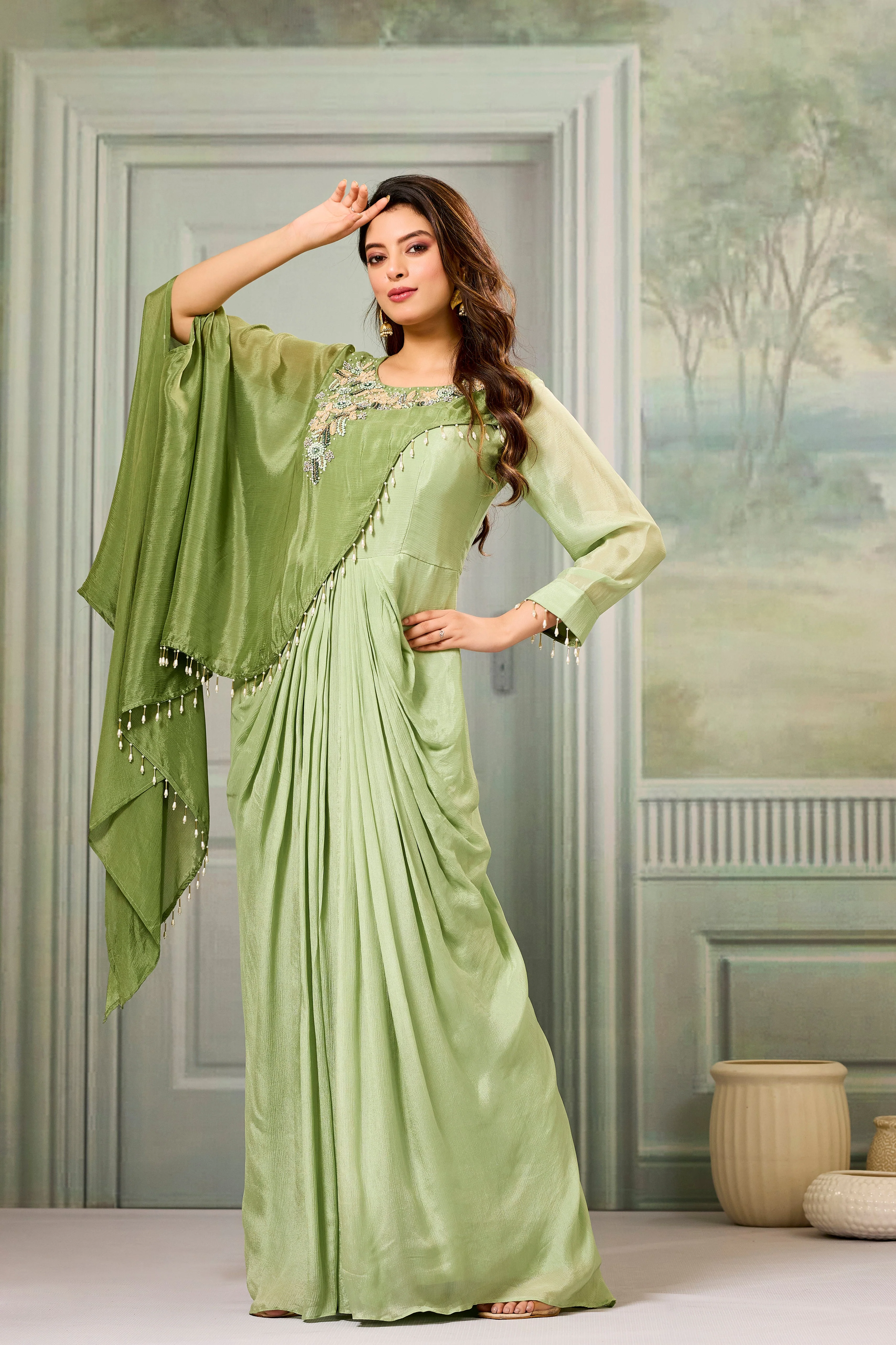 Dark-Light Green Embellished Chinon Silk Gown - Image 4
