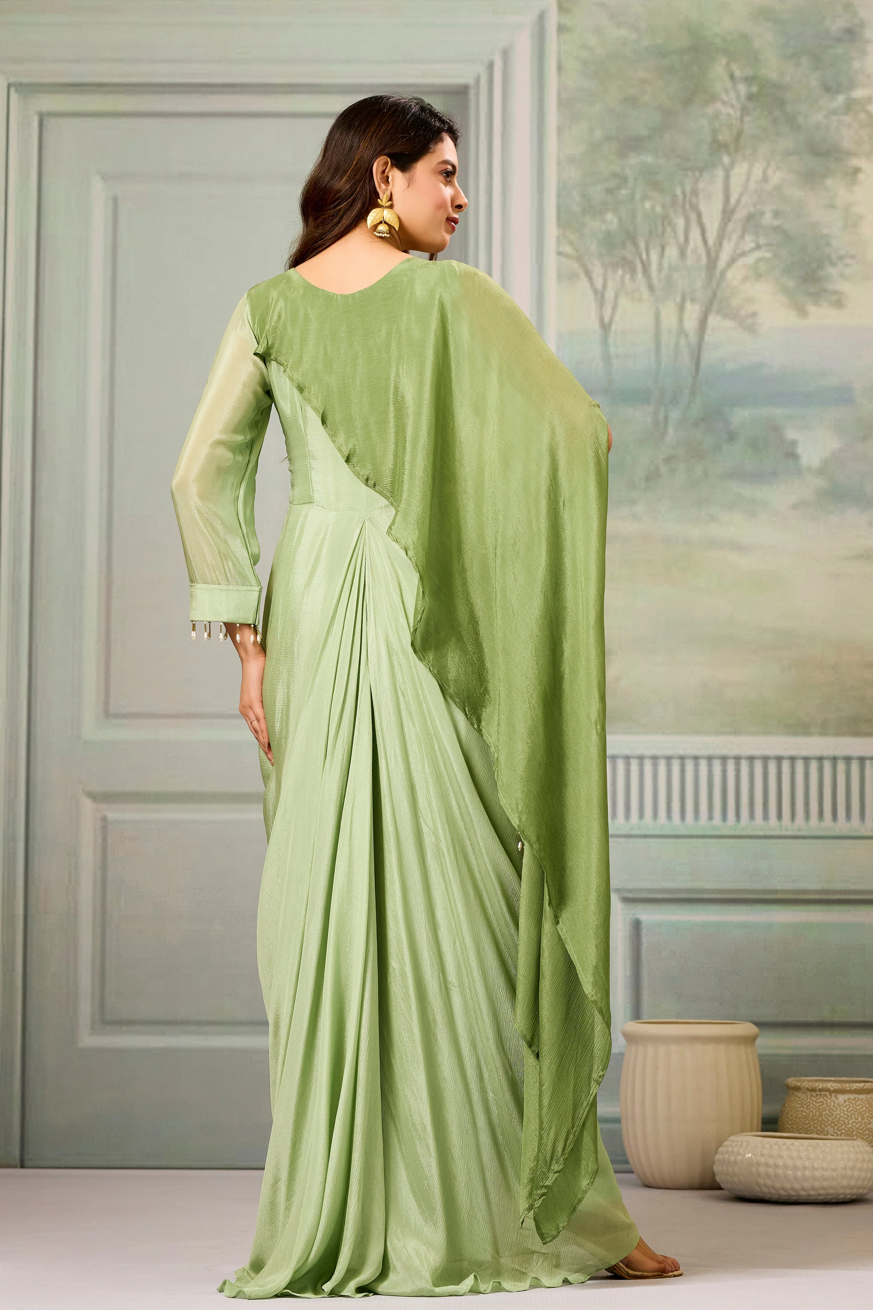 Dark-Light Green Embellished Chinon Silk Gown - Image 5