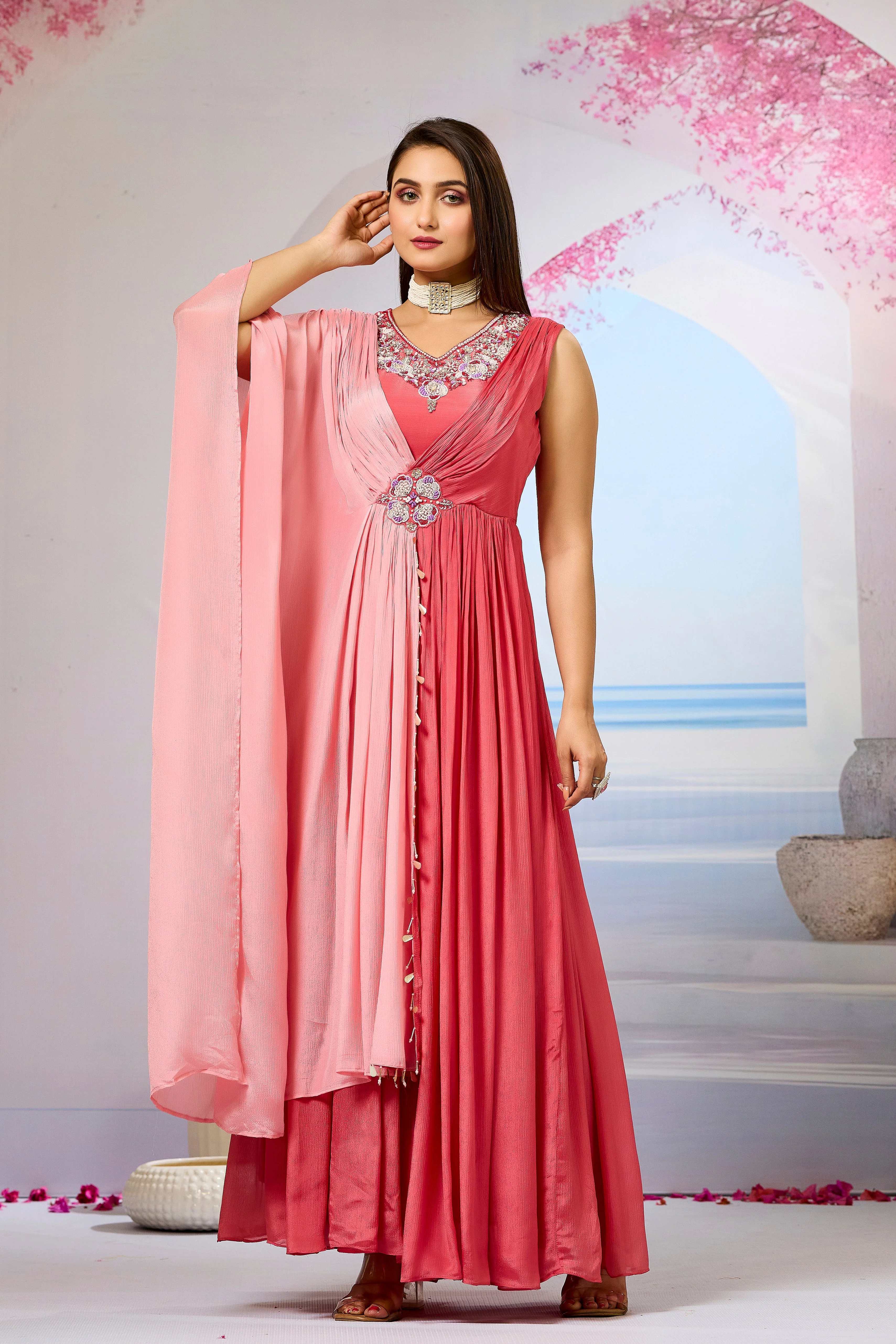 Red Embellished Chinon Silk Gown - Image 4