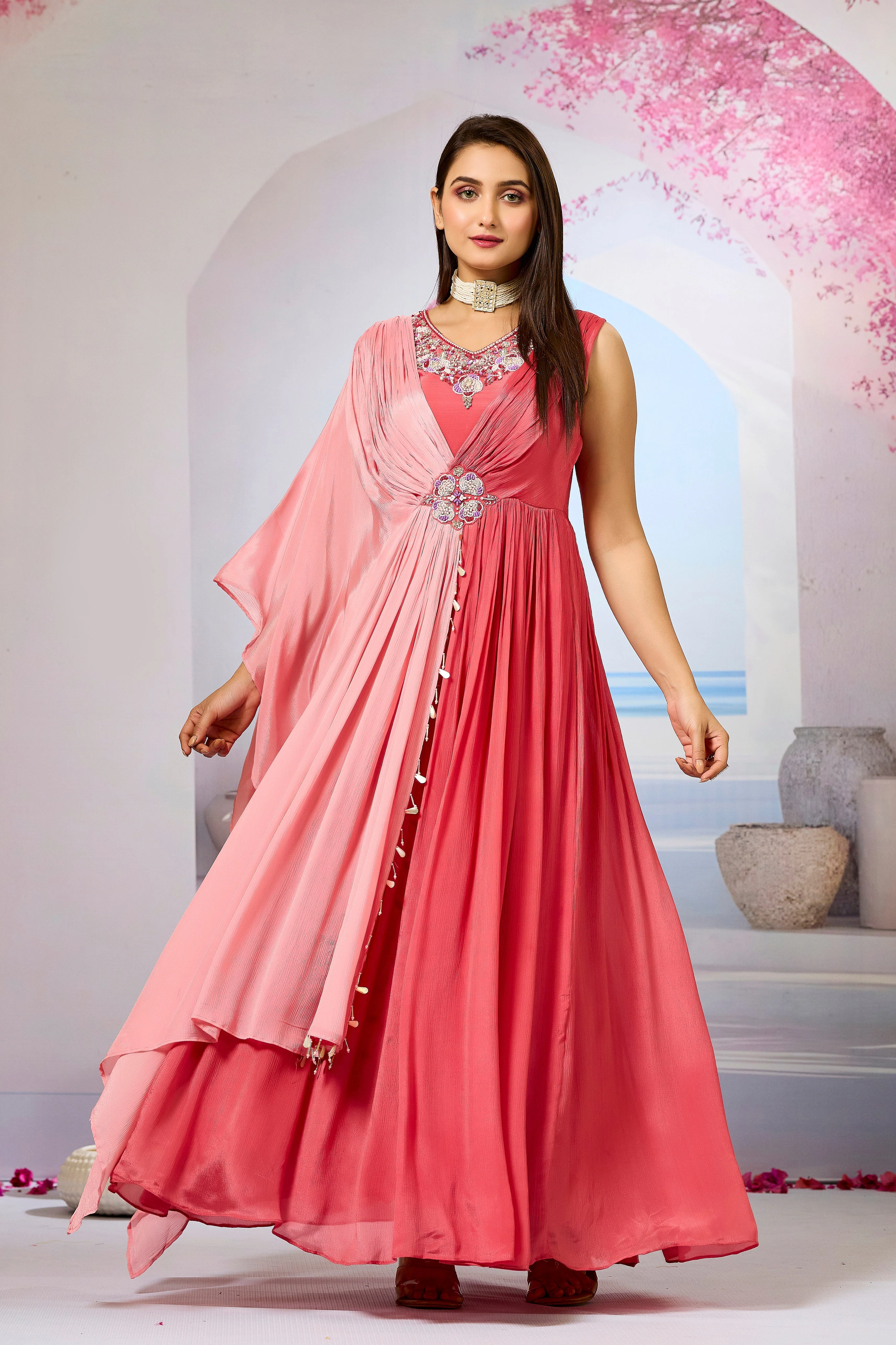 Red Embellished Chinon Silk Gown - Image 5