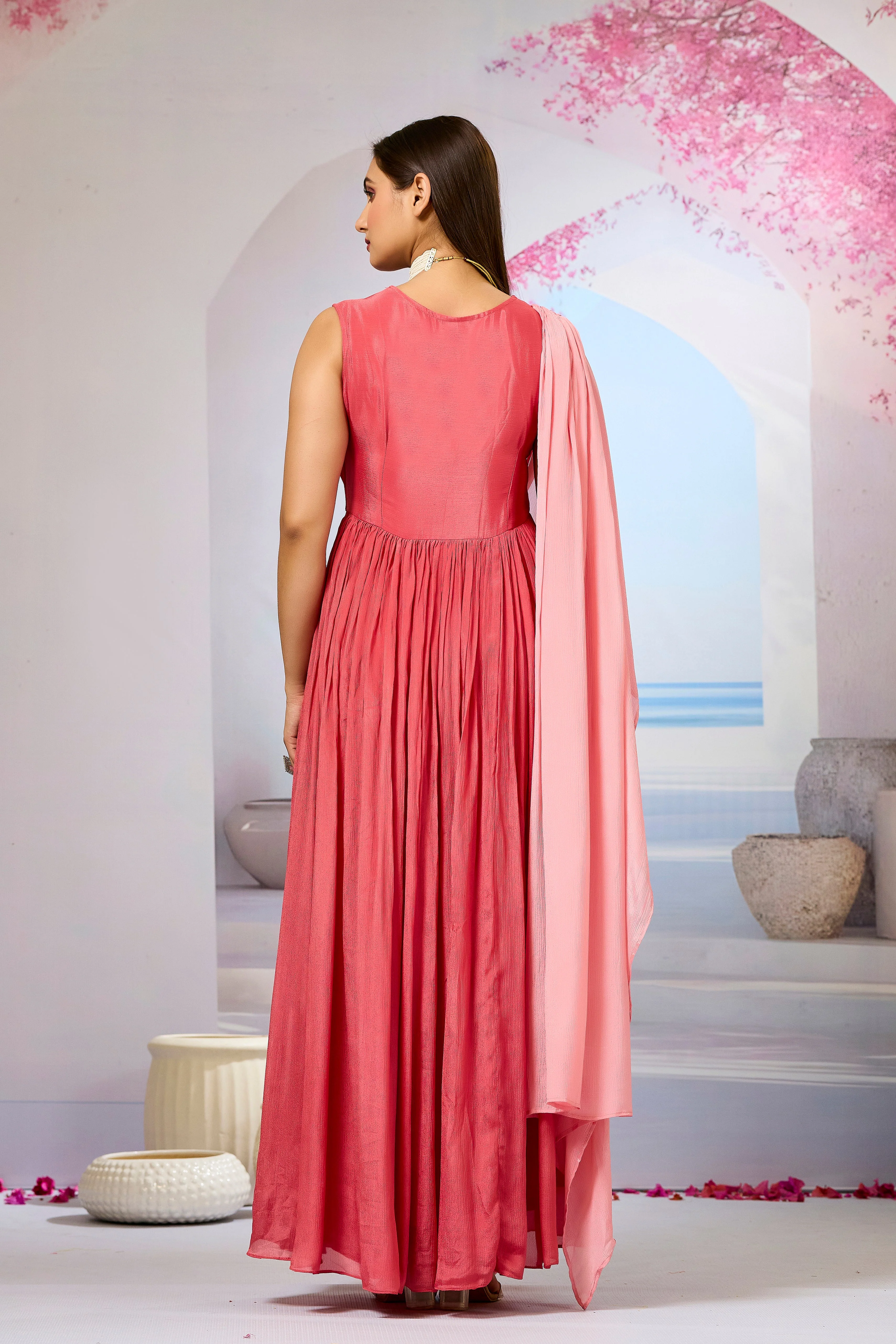 Red Embellished Chinon Silk Gown - Image 6