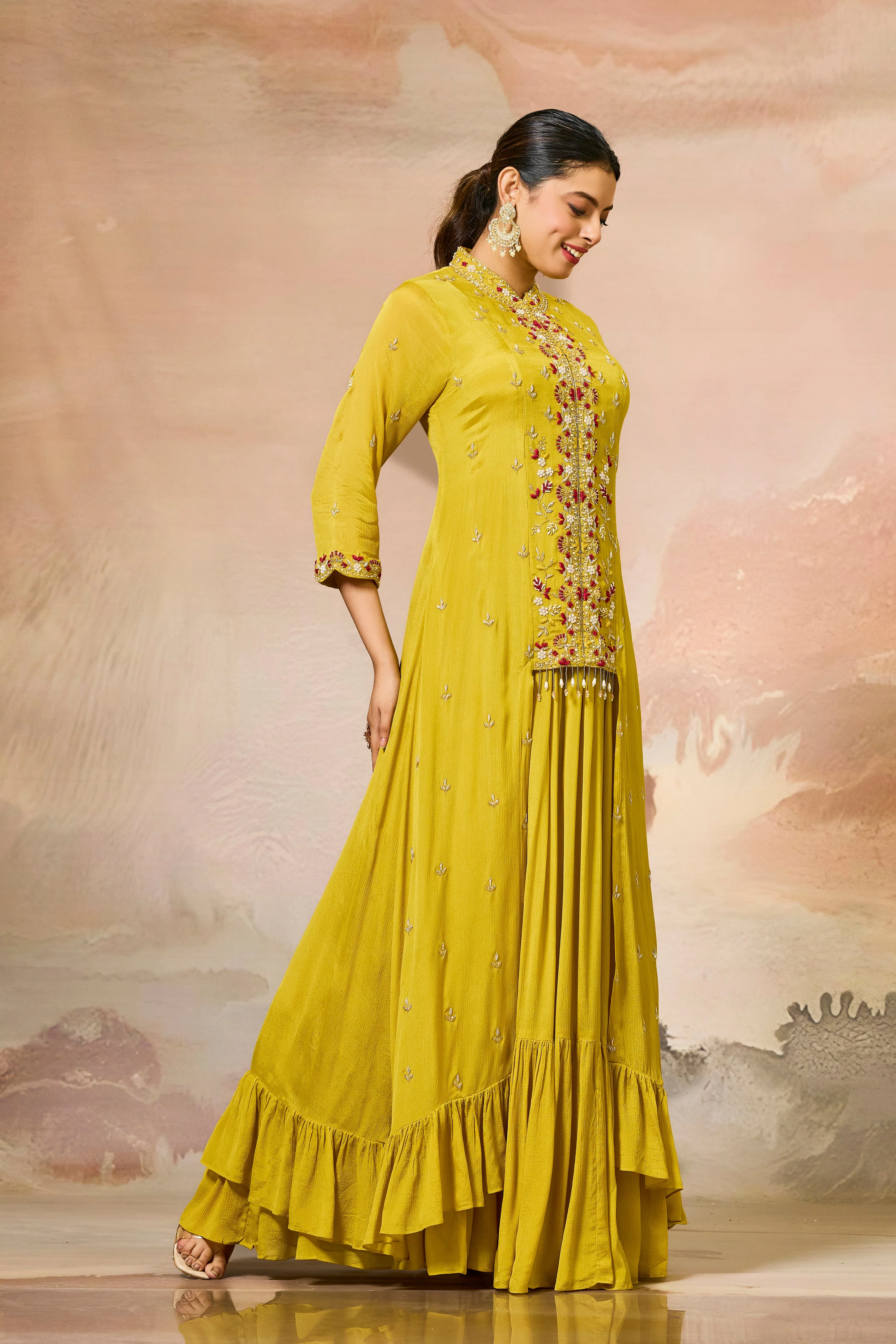 Yellow Embellished Chinon Silk Gown - Image 3