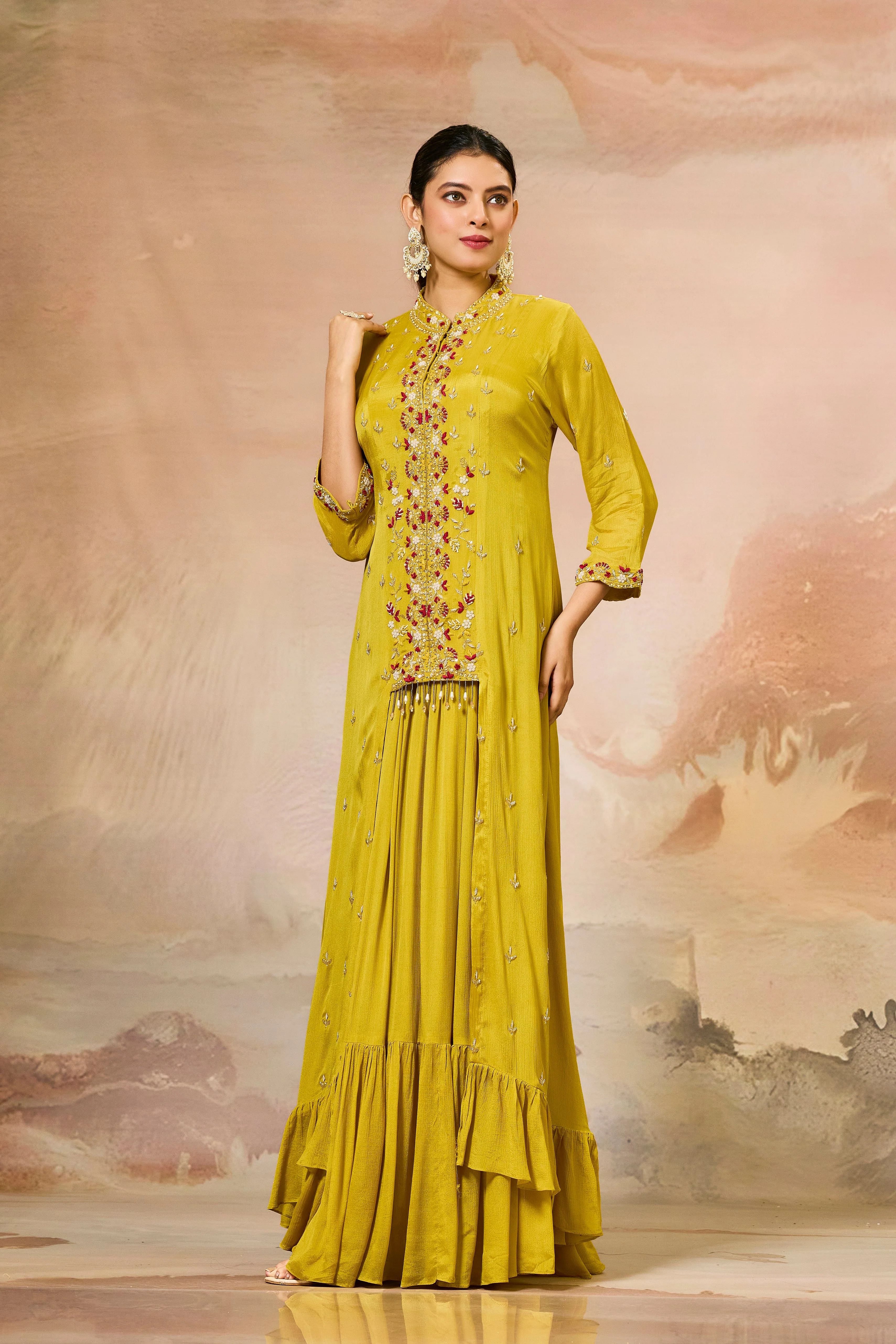 Yellow Embellished Chinon Silk Gown - Image 4