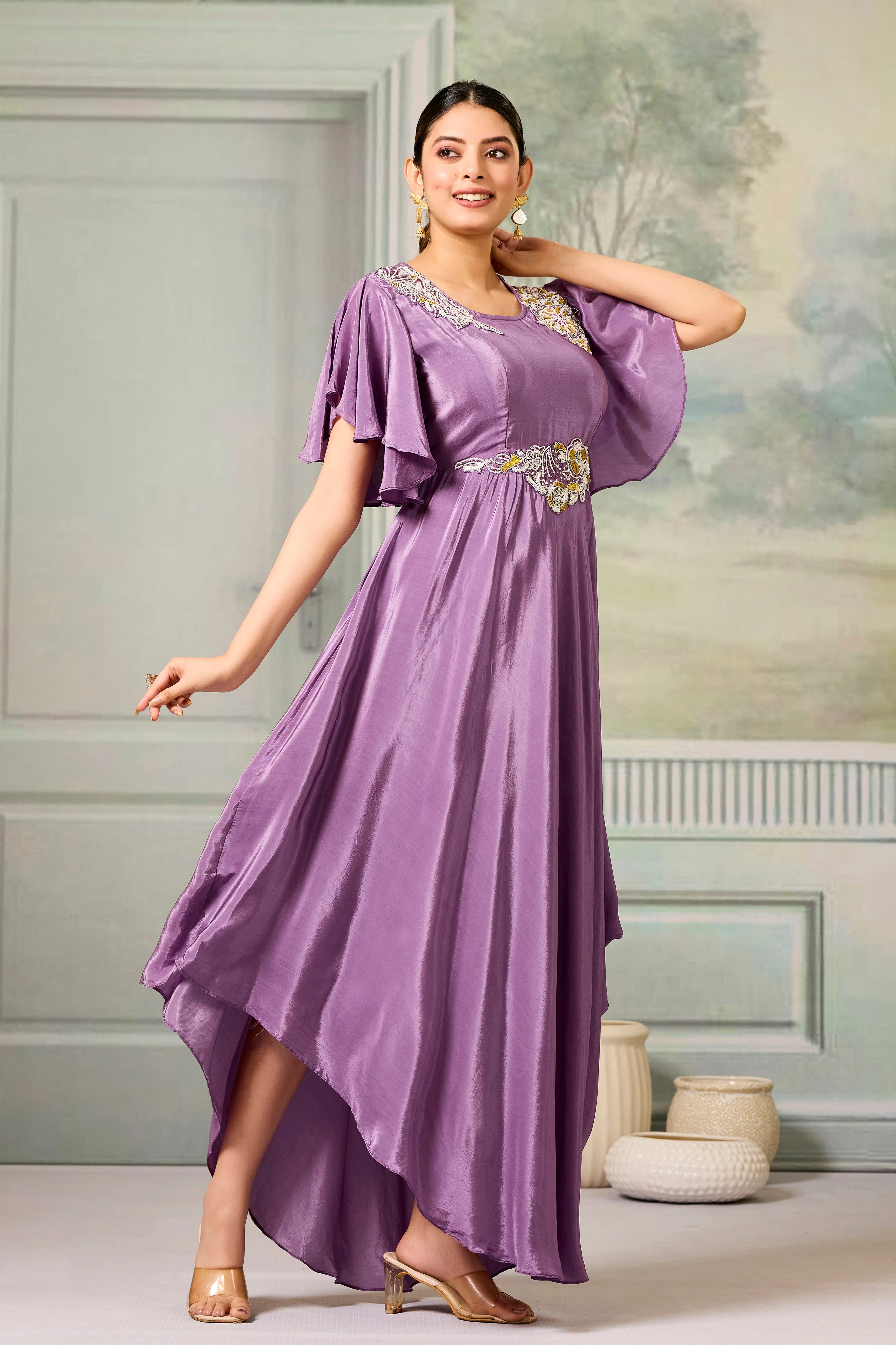 Lilac Embellished Chinon Silk Gown - Image 3