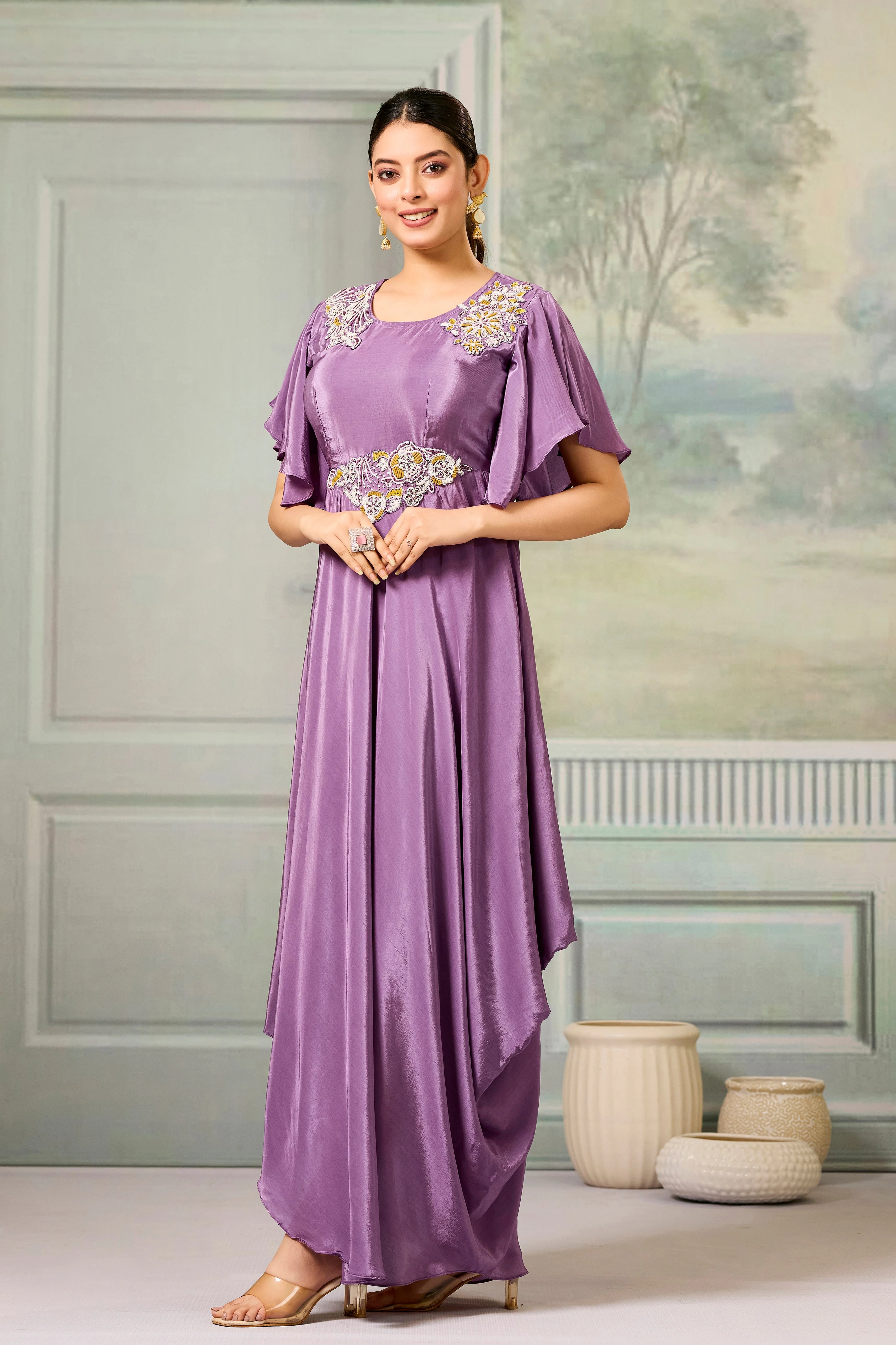 Lilac Embellished Chinon Silk Gown - Image 4