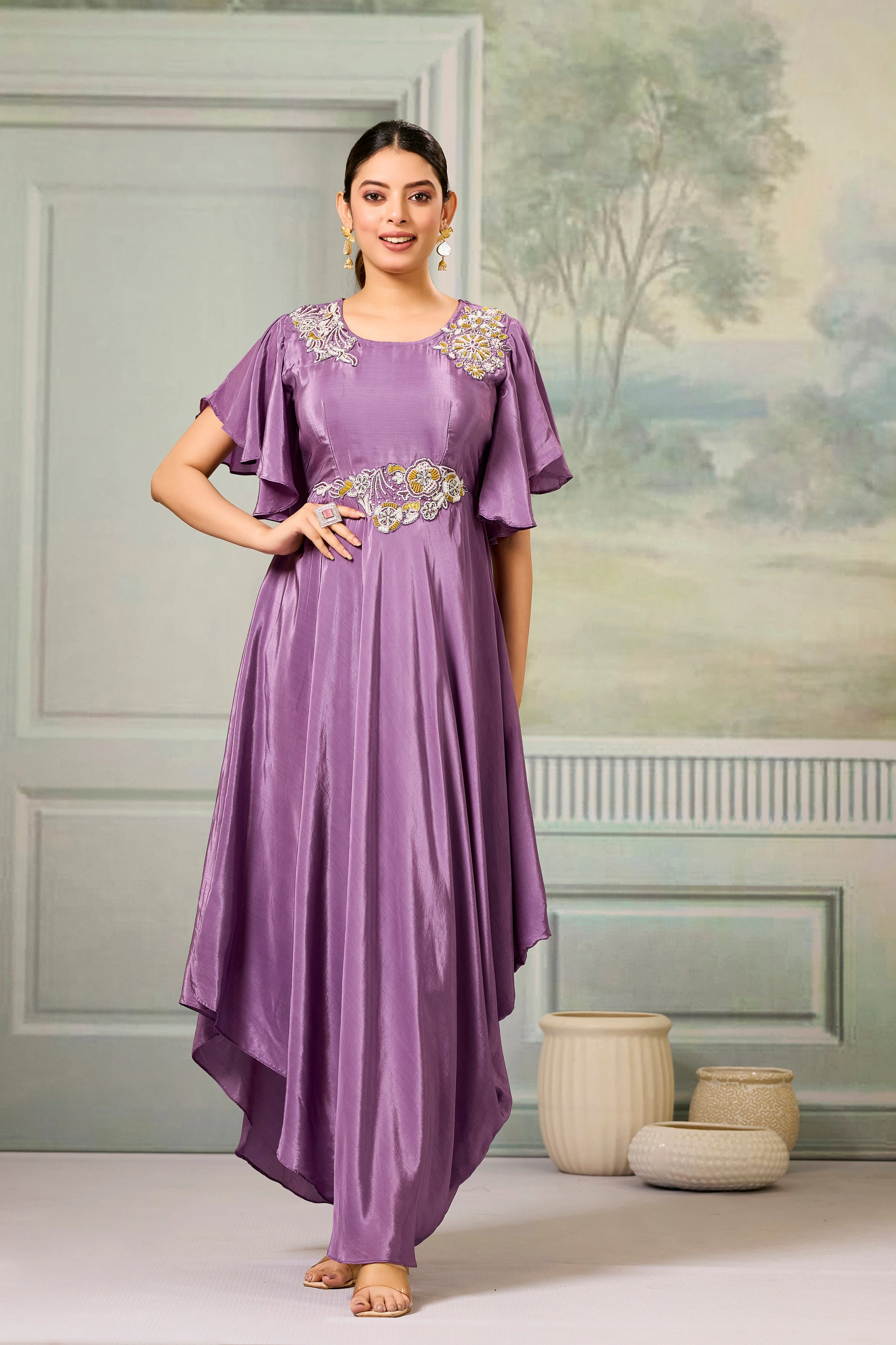 Lilac Embellished Chinon Silk Gown - Image 5