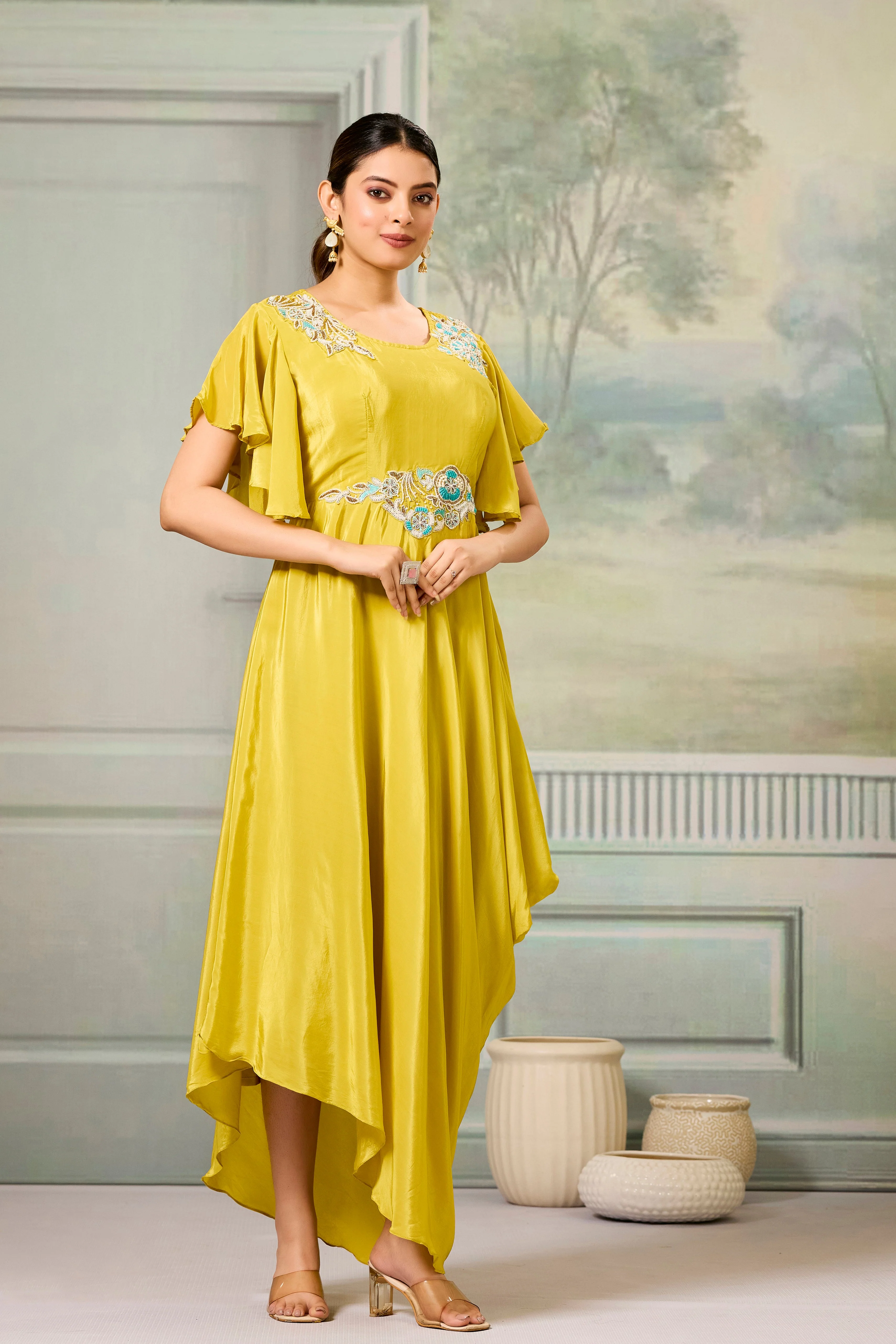 Yellow Embellished Chinon Silk Gown - Image 3