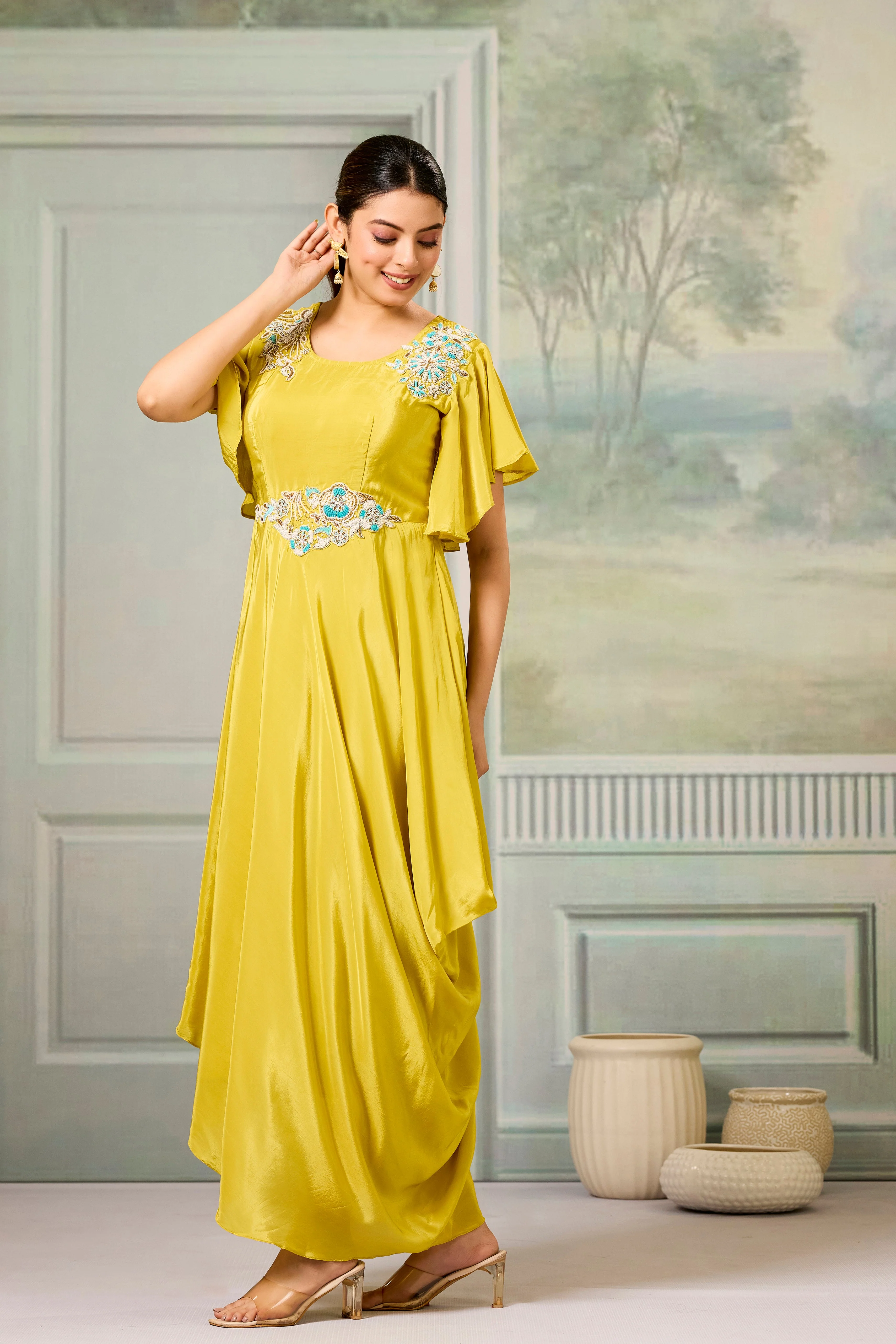 Yellow Embellished Chinon Silk Gown - Image 4