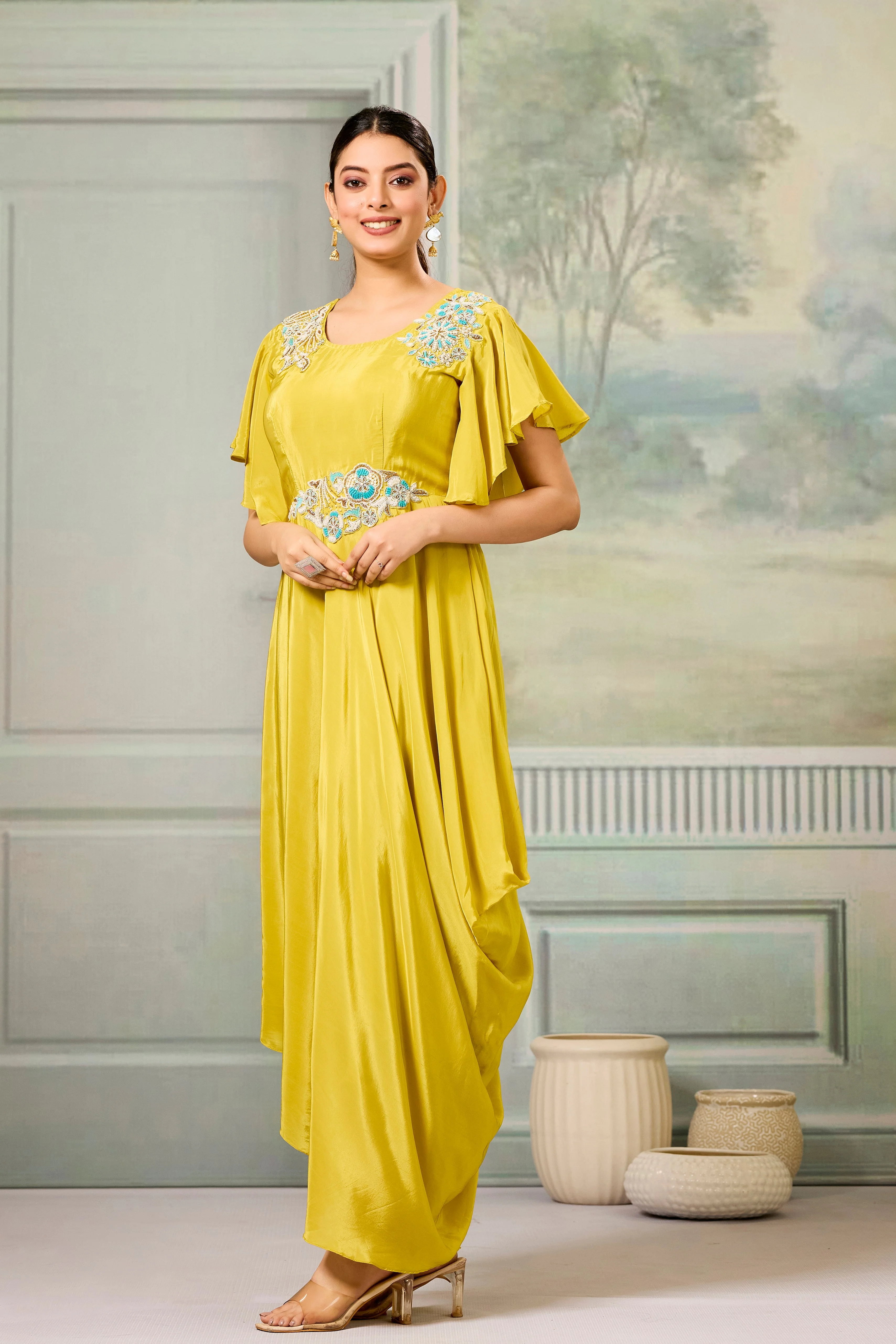 Yellow Embellished Chinon Silk Gown - Image 5