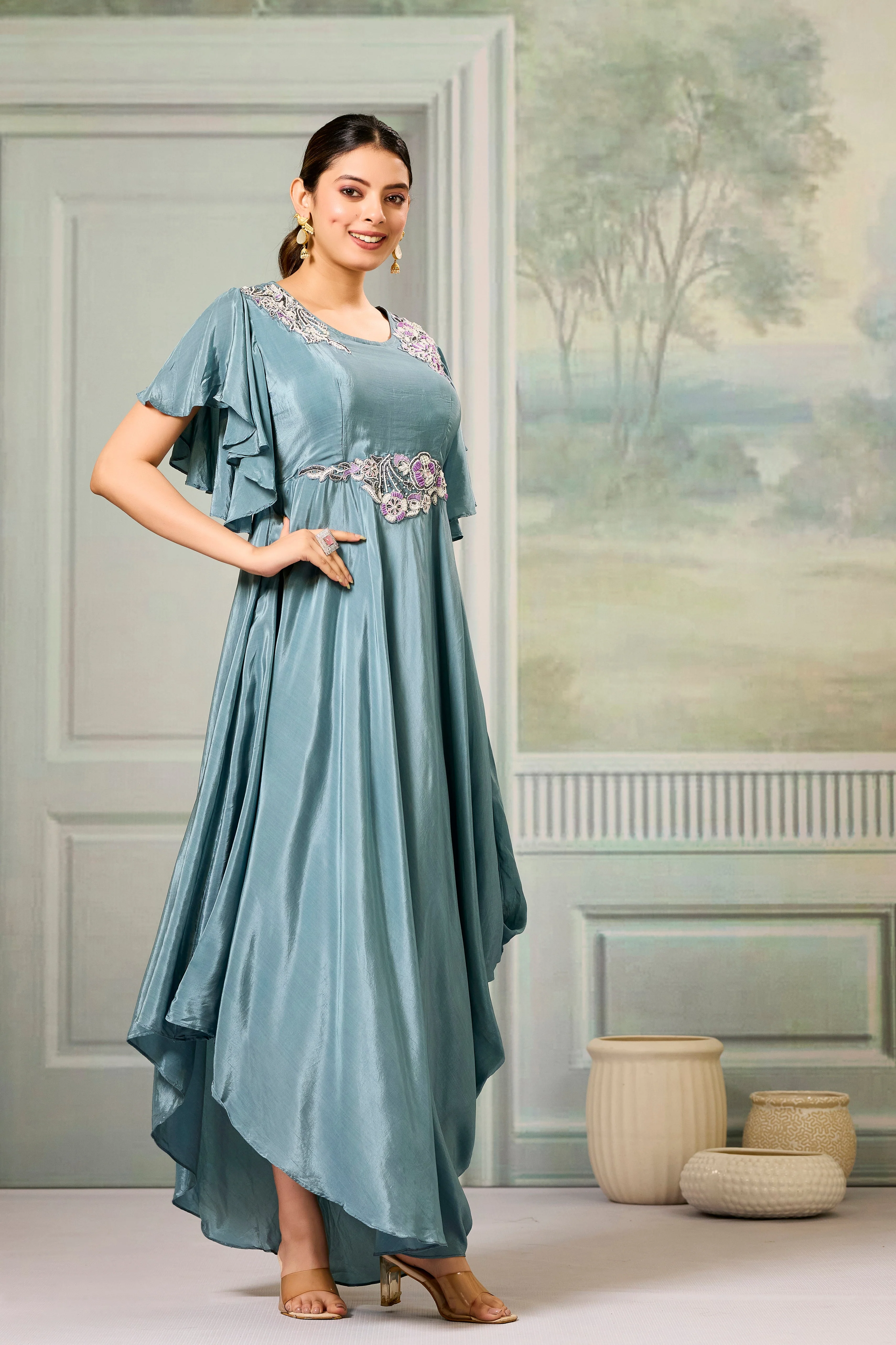 Teal Embellished Chinon Silk Gown - Image 3
