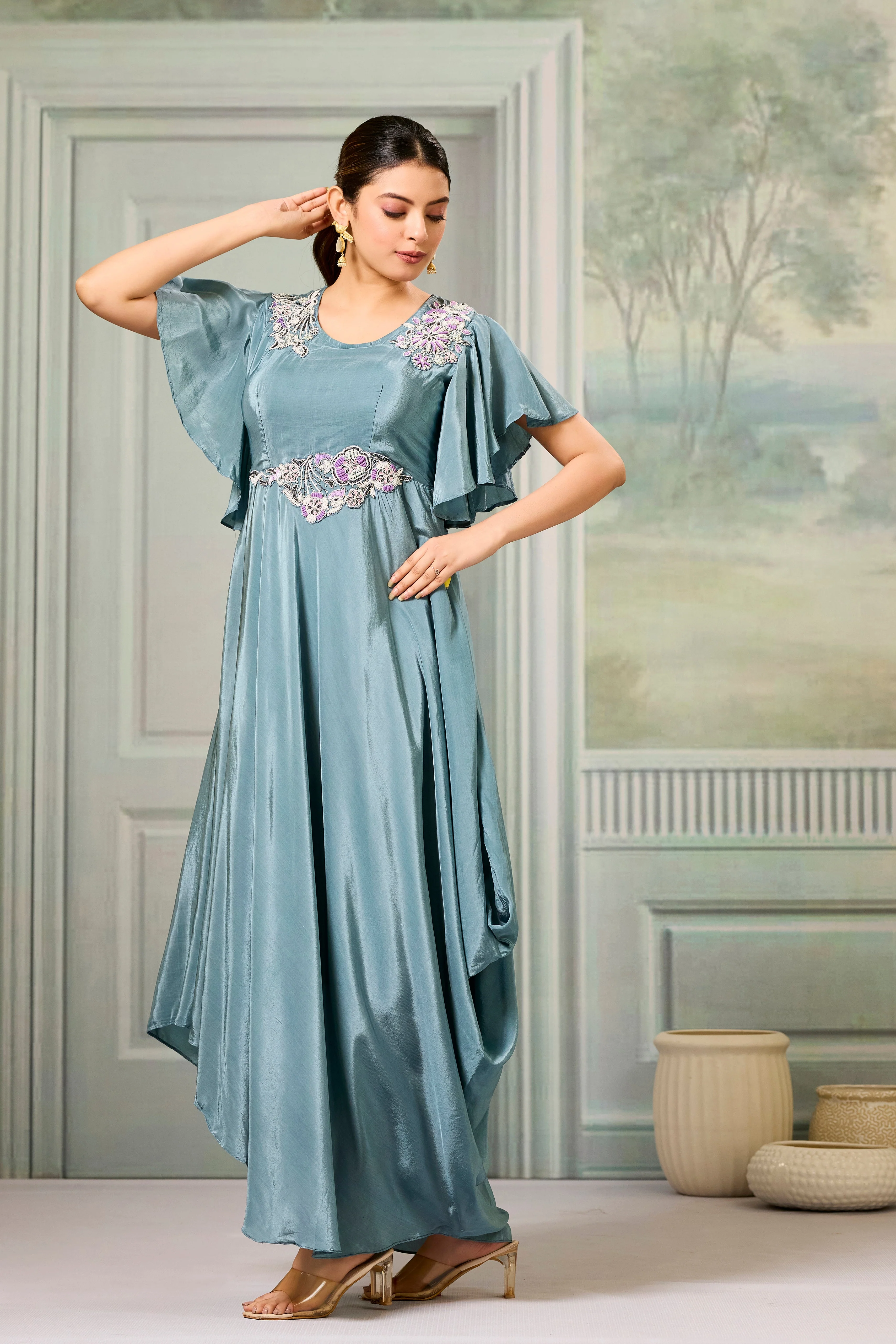 Teal Embellished Chinon Silk Gown - Image 4