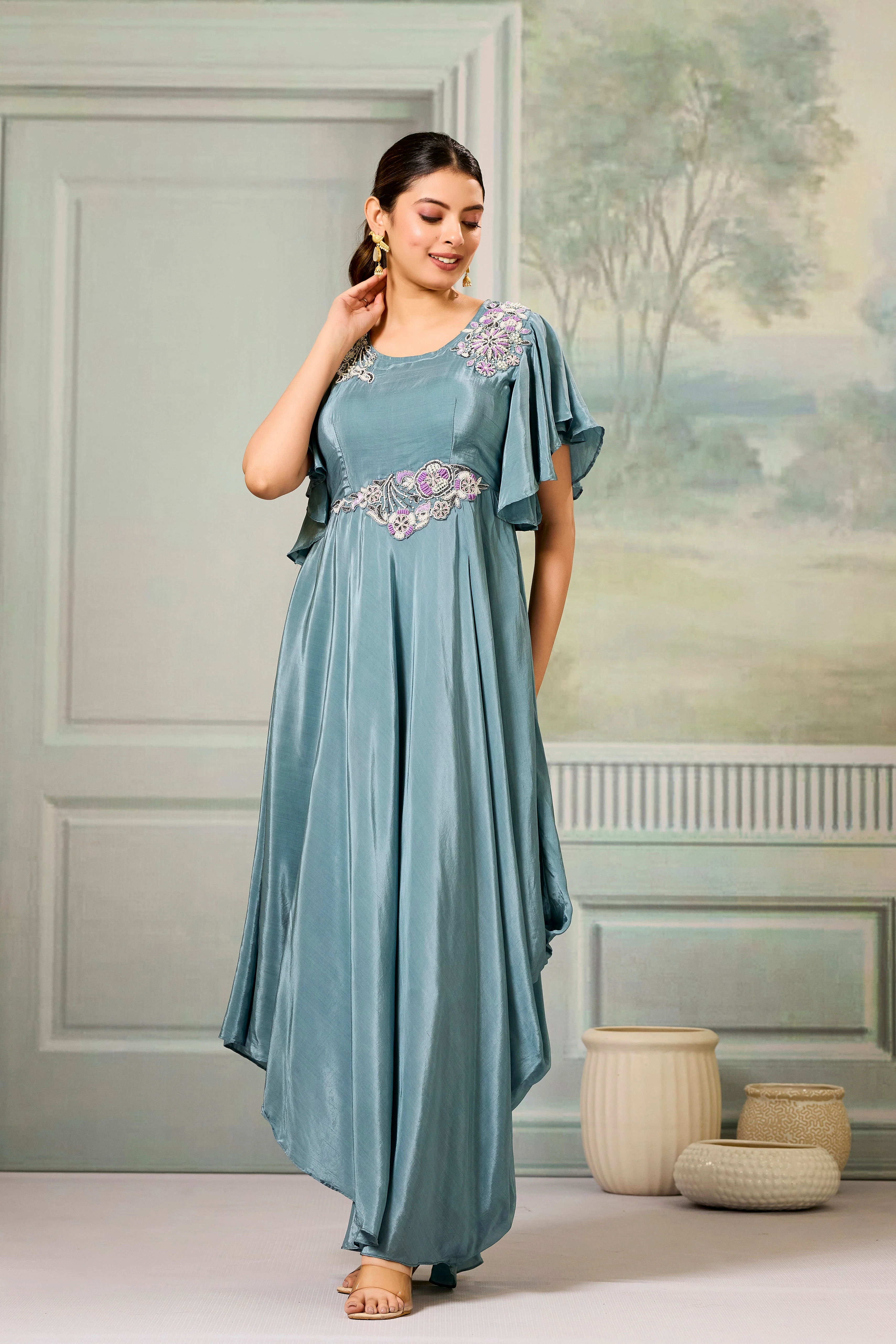 Teal Embellished Chinon Silk Gown - Image 5
