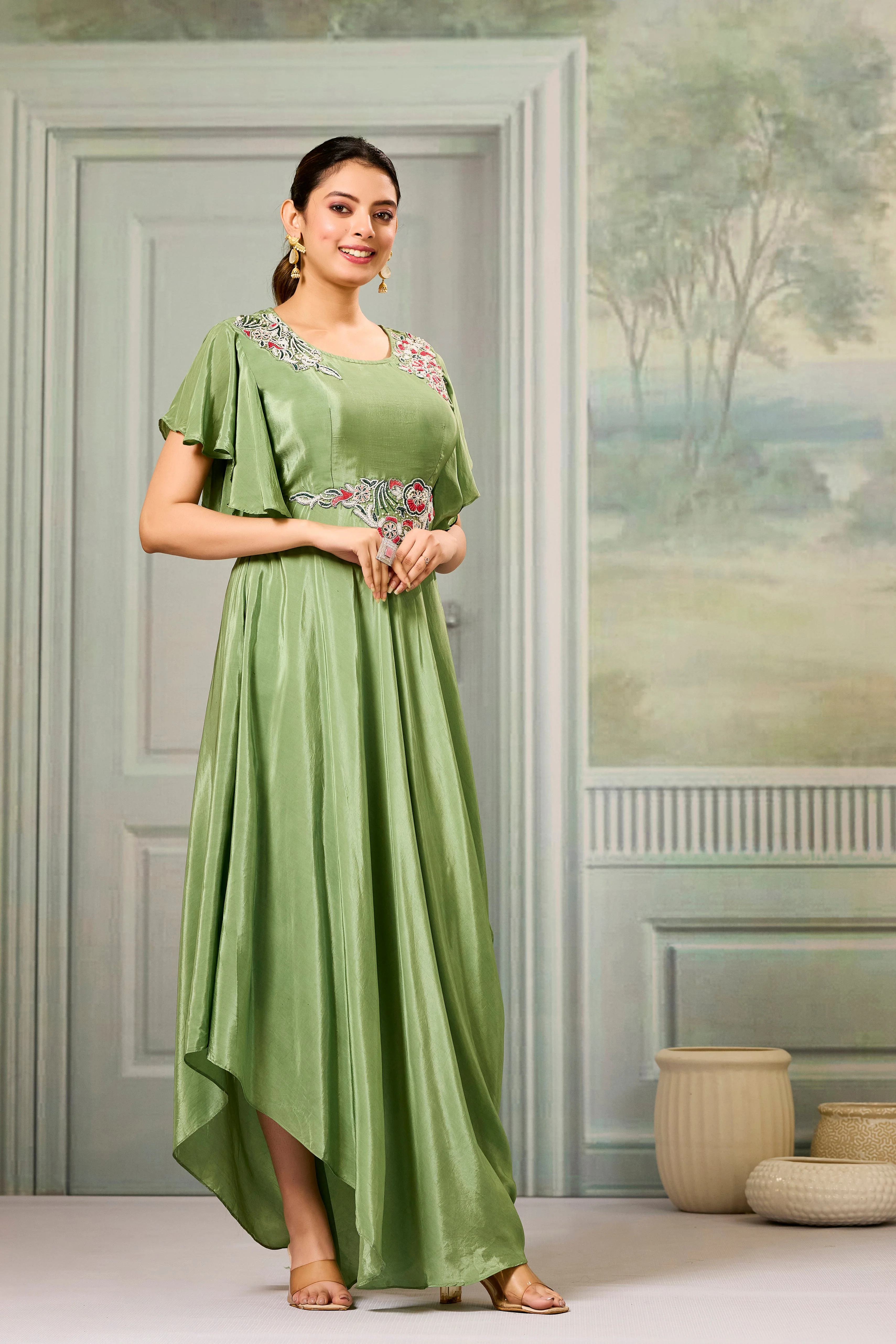 Green Embellished Chinon Silk Gown - Image 3