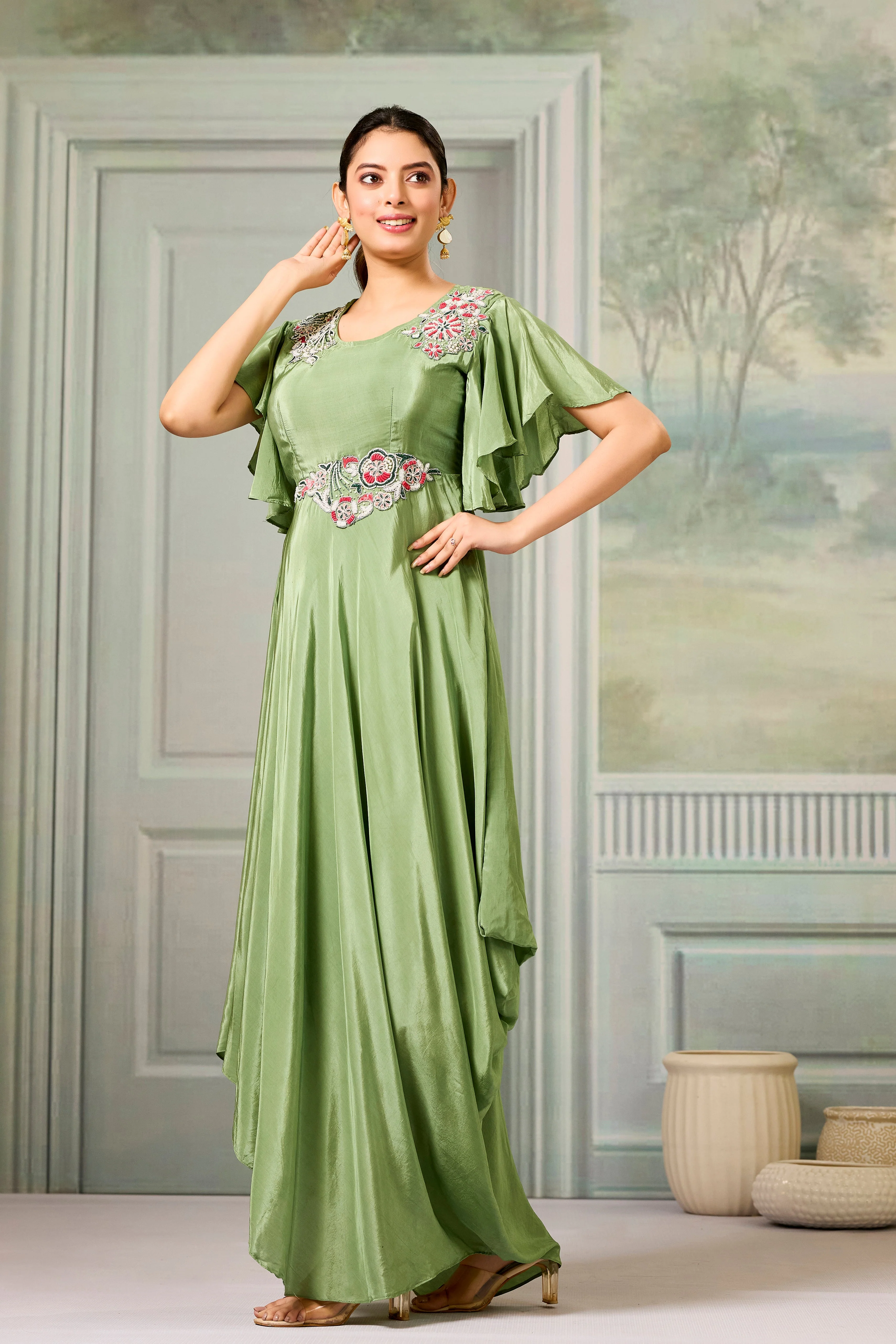 Green Embellished Chinon Silk Gown - Image 4