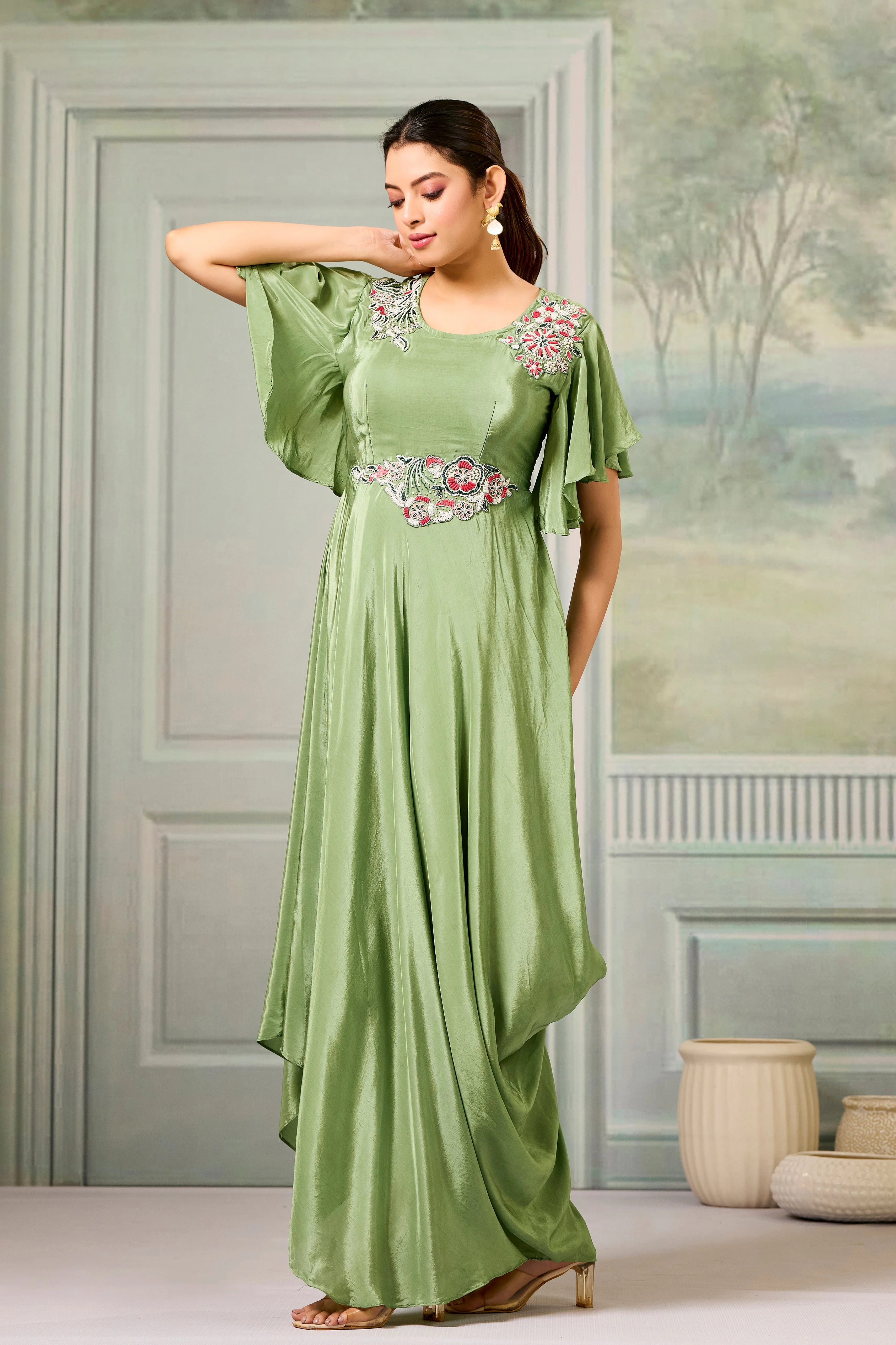 Green Embellished Chinon Silk Gown - Image 5