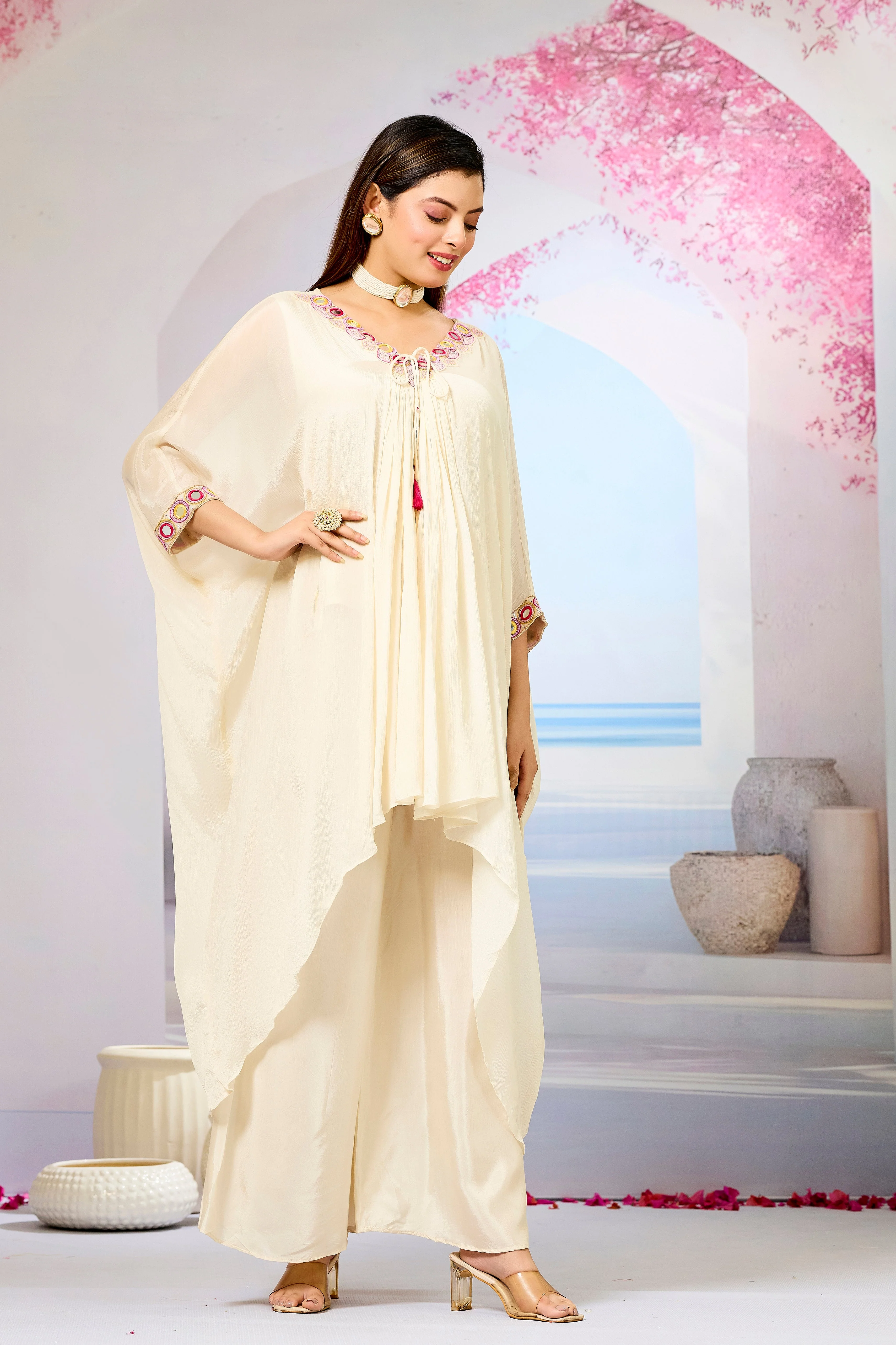 Cream Embellished Chinon Silk Kaftan Set - Image 3