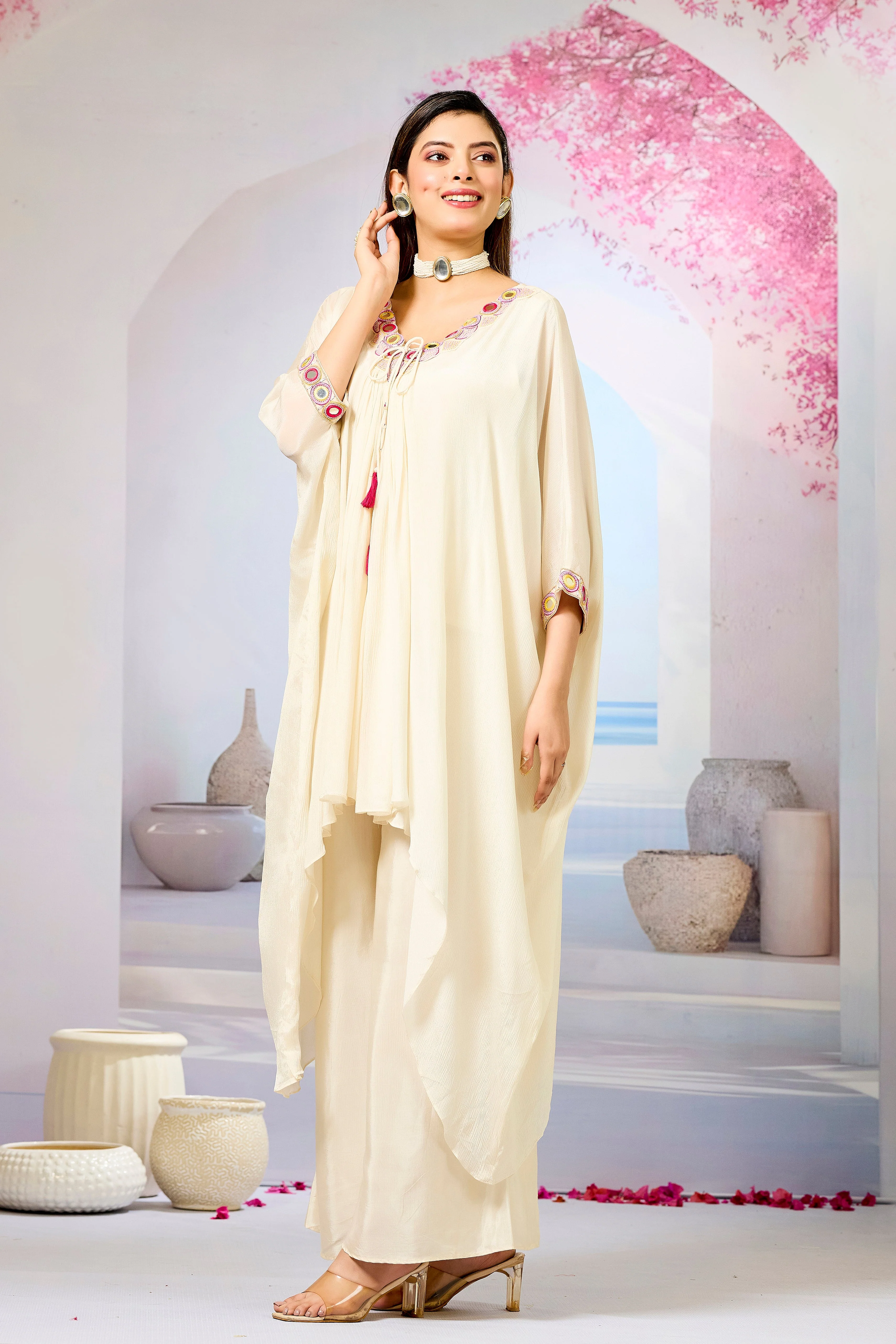 Cream Embellished Chinon Silk Kaftan Set - Image 4