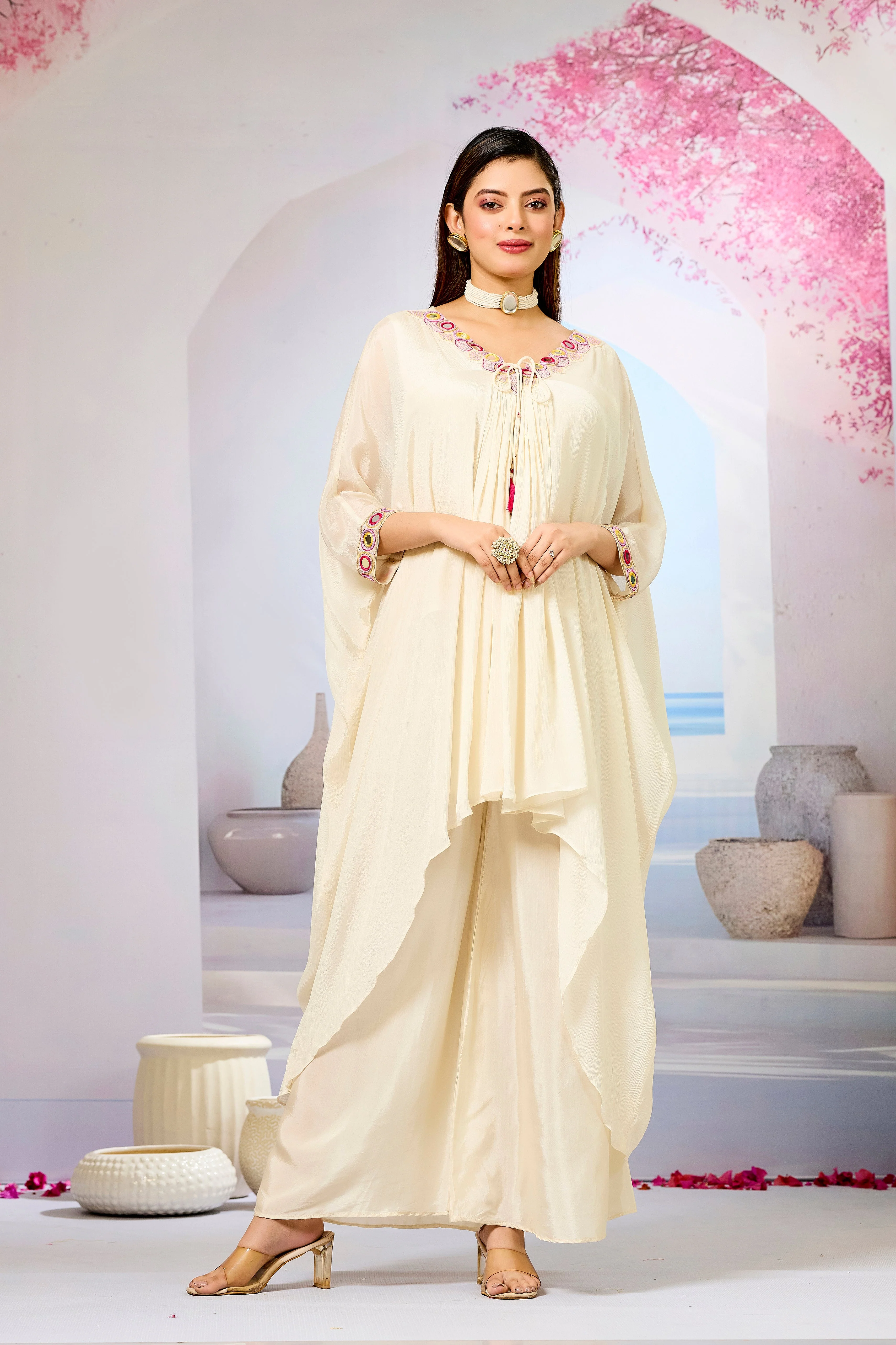 Cream Embellished Chinon Silk Kaftan Set - Image 5