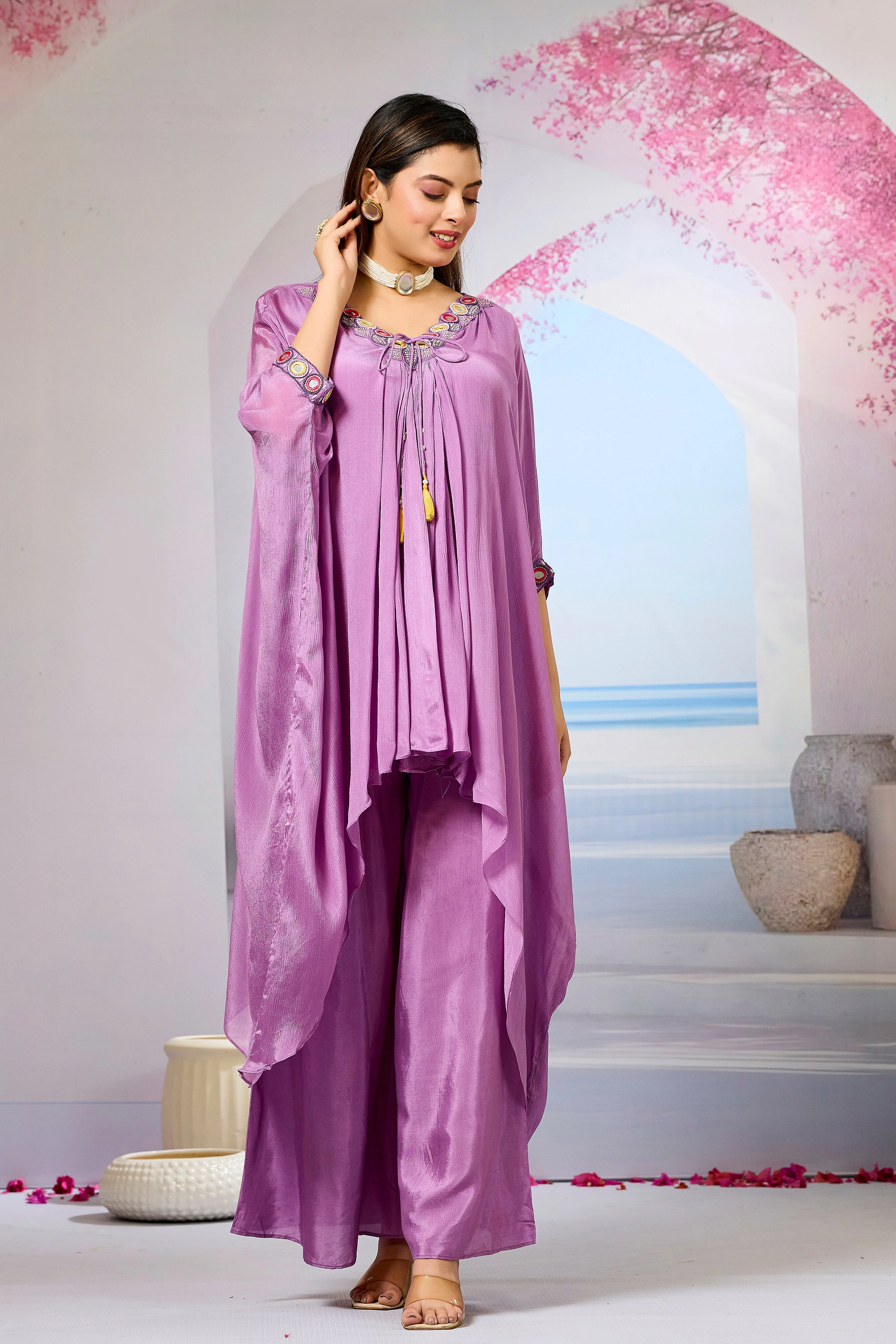 Lavender Embellished Chinon Silk Kaftan Set - Image 3