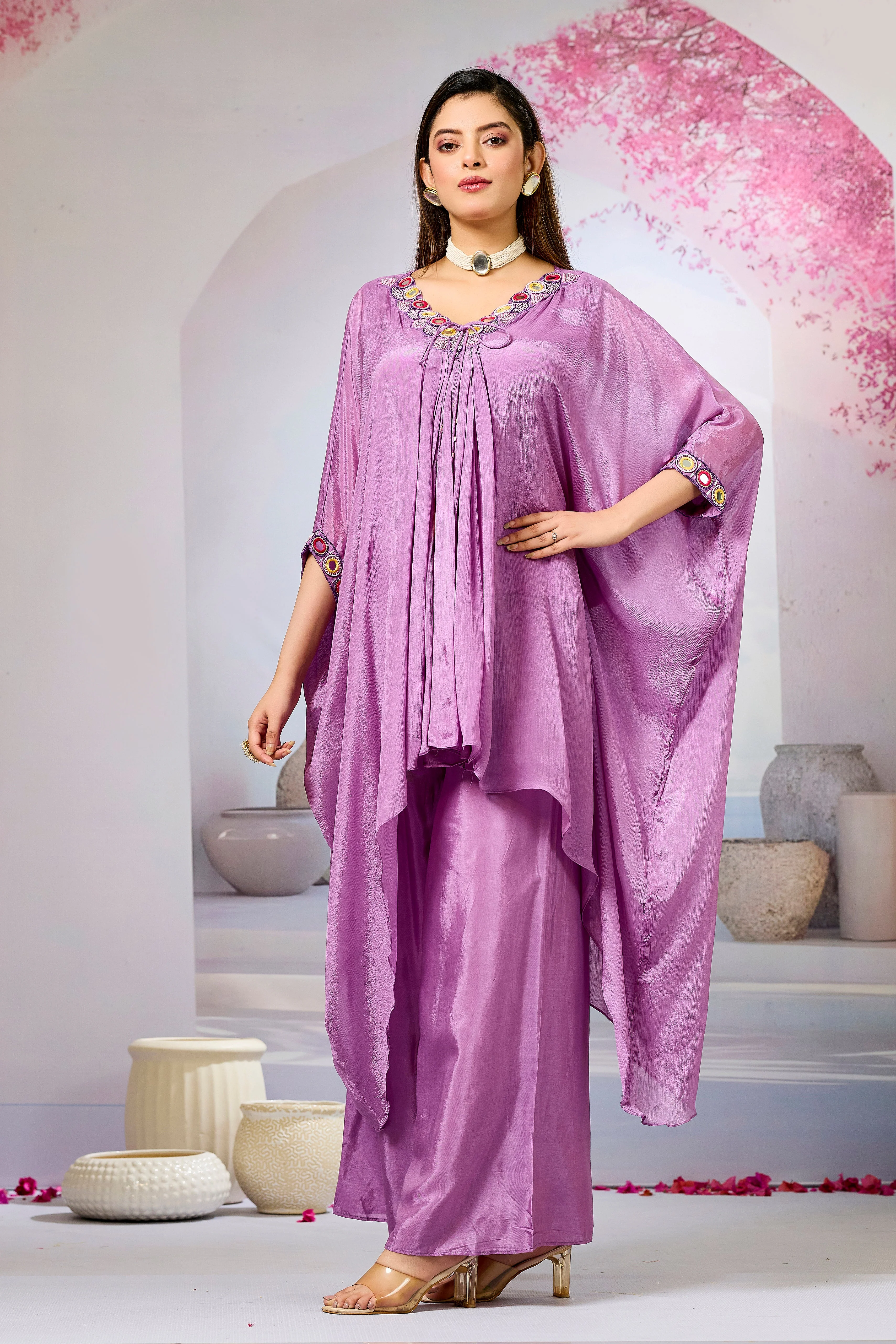 Lavender Embellished Chinon Silk Kaftan Set - Image 4