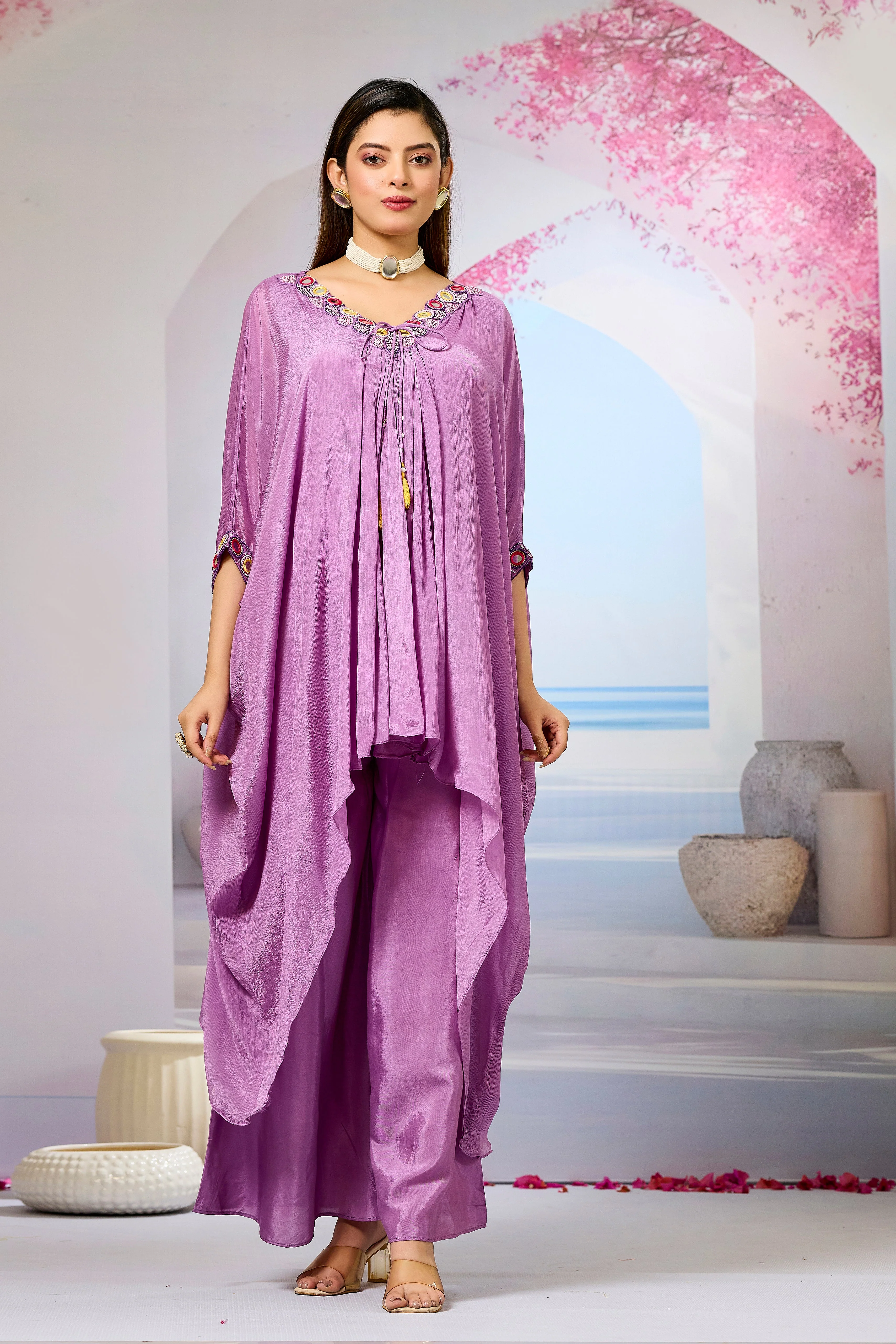 Lavender Embellished Chinon Silk Kaftan Set - Image 5