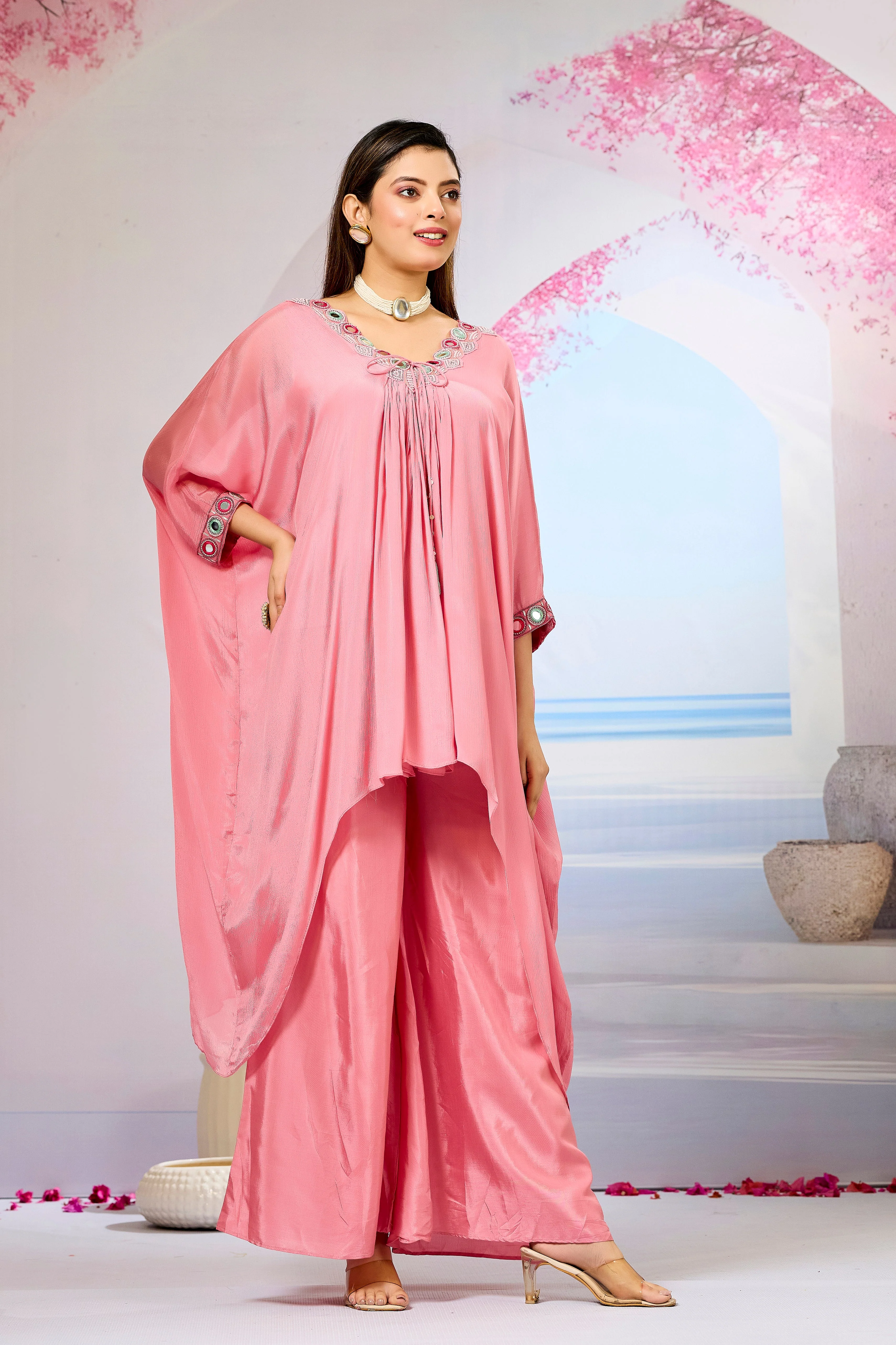 Pink Embellished Chinon Silk Kaftan Set - Image 3