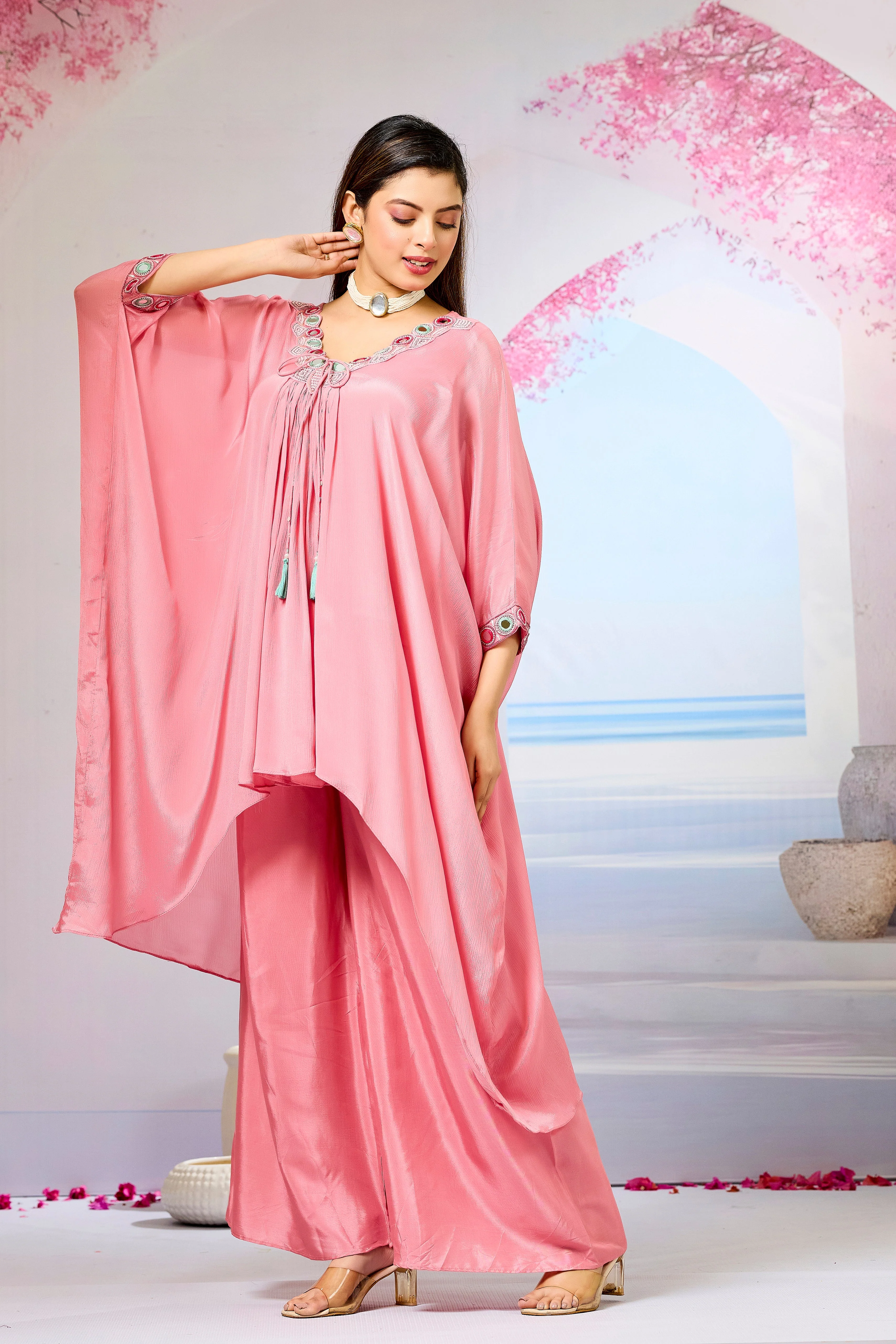 Pink Embellished Chinon Silk Kaftan Set - Image 4